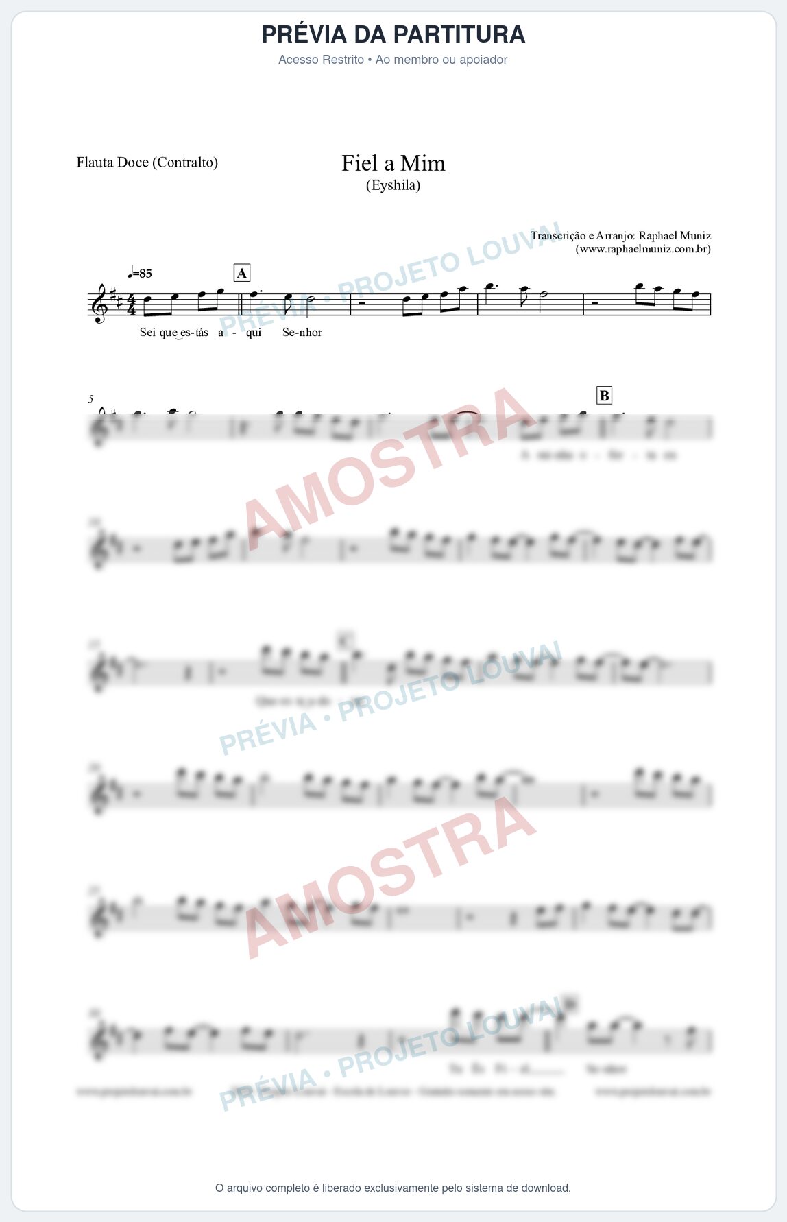 Prévia protegida da primeira página da partitura Partitura para Flauta Doce (Contralto) - Fiel a Mim (Tom D) - Eyshila