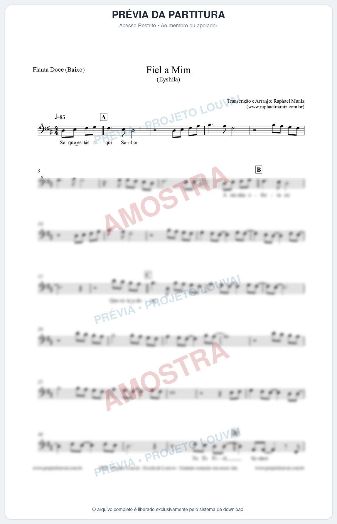 Prévia protegida da primeira página da partitura Partitura para Flauta Doce (Baixo) - Fiel a Mim (Tom D) - Eyshila