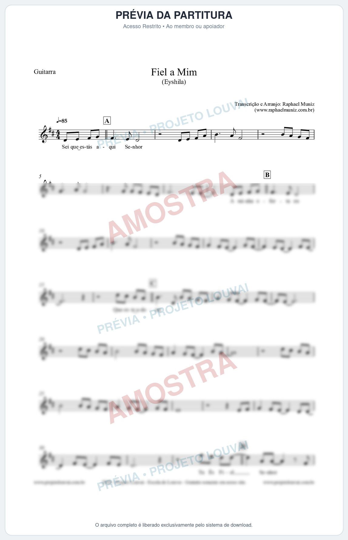 Prévia protegida da primeira página da partitura Partitura para Guitarra - Fiel a Mim (Tom D) - Eyshila