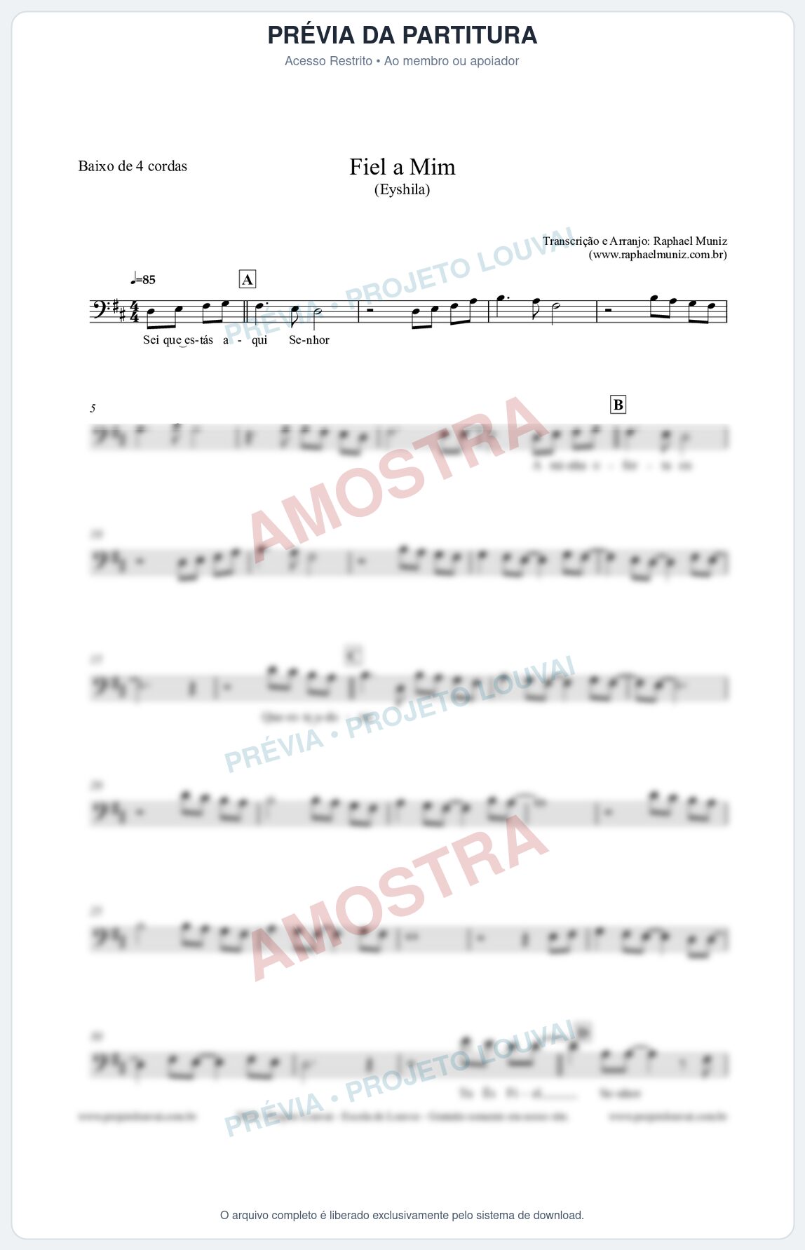 Prévia protegida da primeira página da partitura Partitura para Baixo de 4 cordas - Fiel a Mim (Tom D) - Eyshila