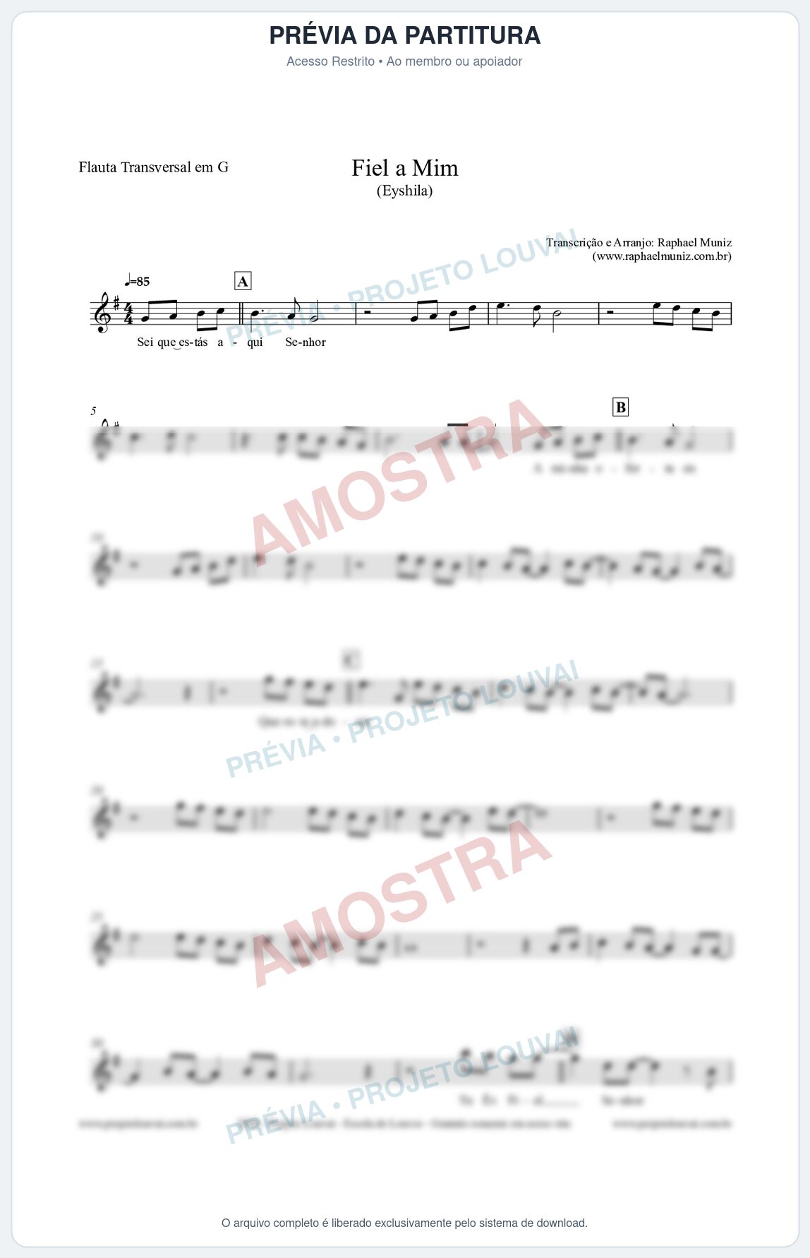 Prévia protegida da primeira página da partitura Partitura para Flauta Transversal em G - Fiel a Mim (Tom D) - Eyshila