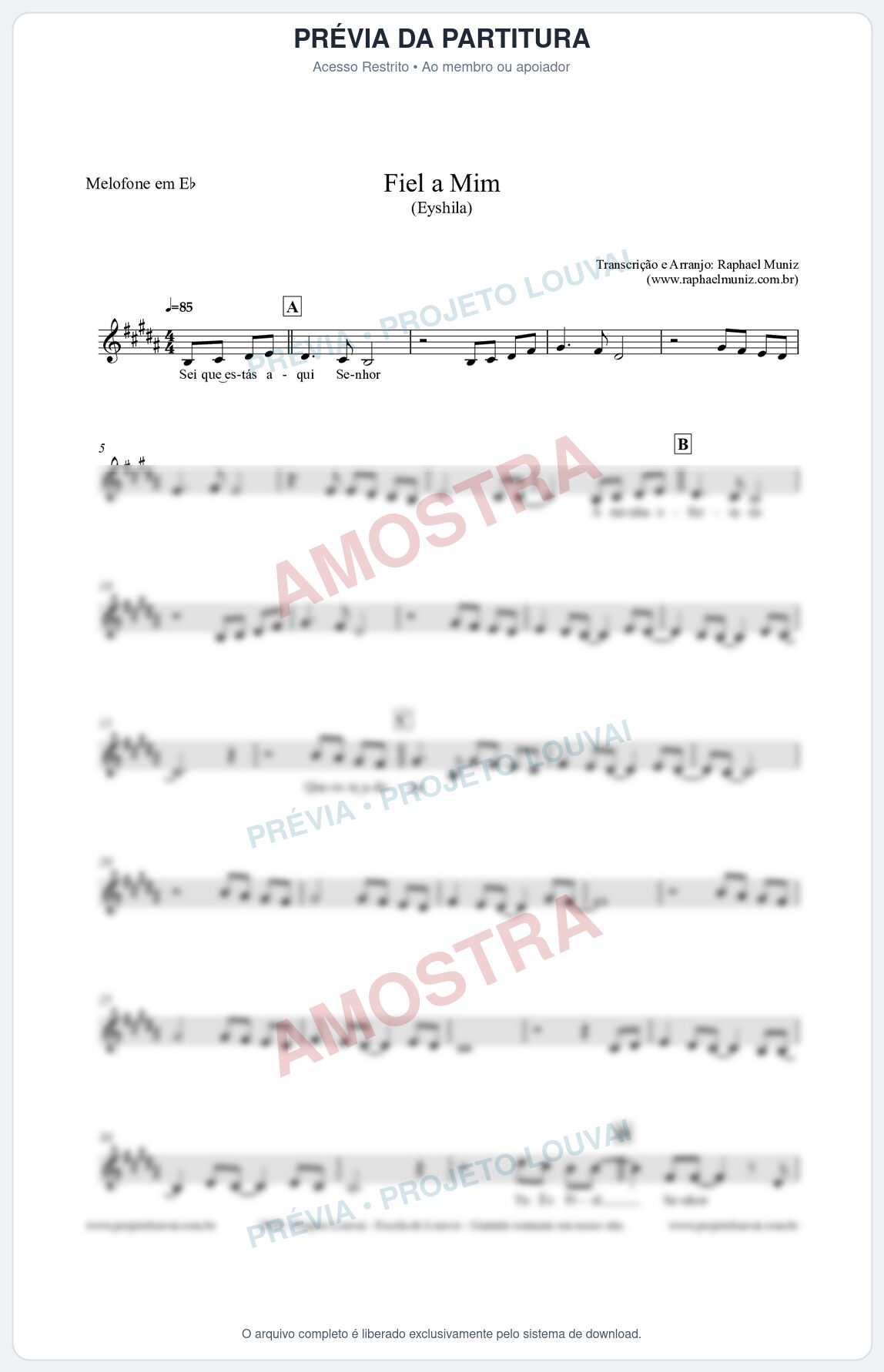 Prévia protegida da primeira página da partitura Partitura para Melofone em Eb - Fiel a Mim (Tom D) - Eyshila