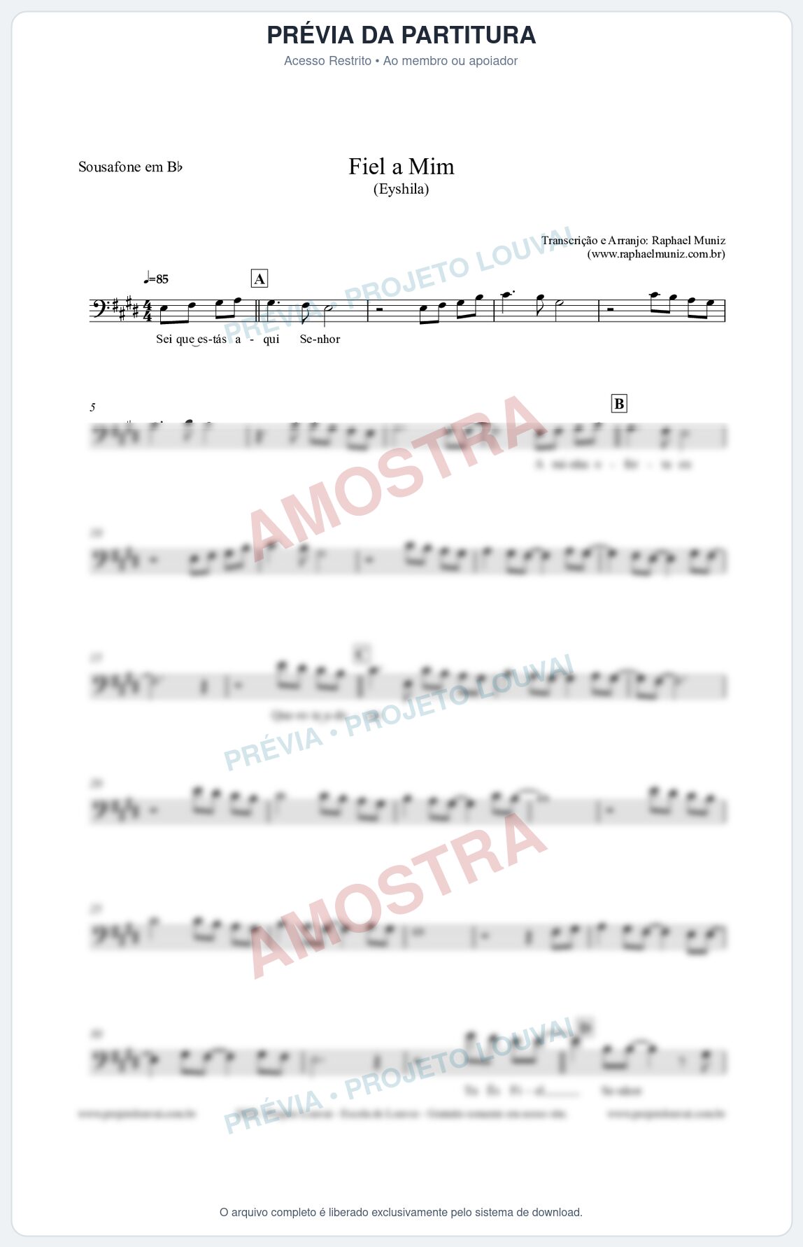Prévia protegida da primeira página da partitura Partitura para Sousafone em Bb - Fiel a Mim (Tom D) - Eyshila