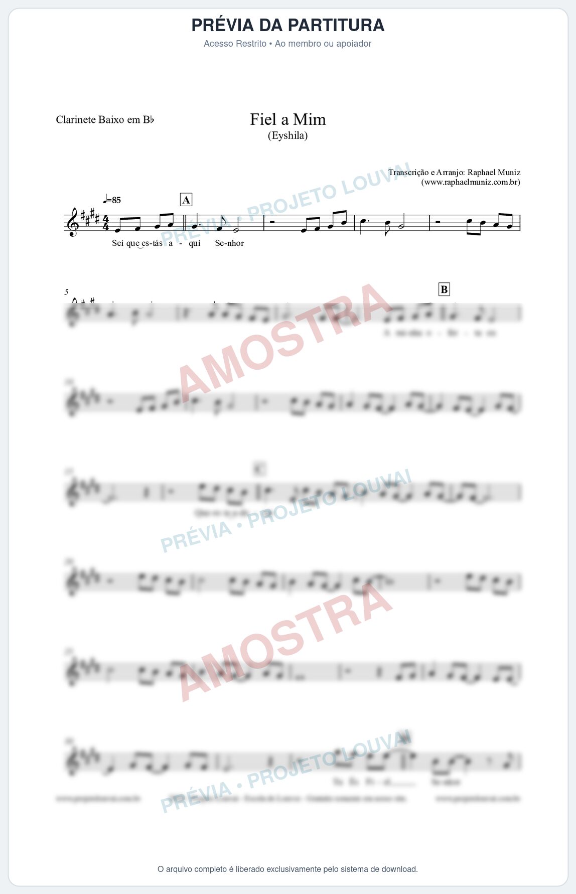 Prévia protegida da primeira página da partitura Partitura para Clarinete Baixo em Bb - Fiel a Mim (Tom D) - Eyshila