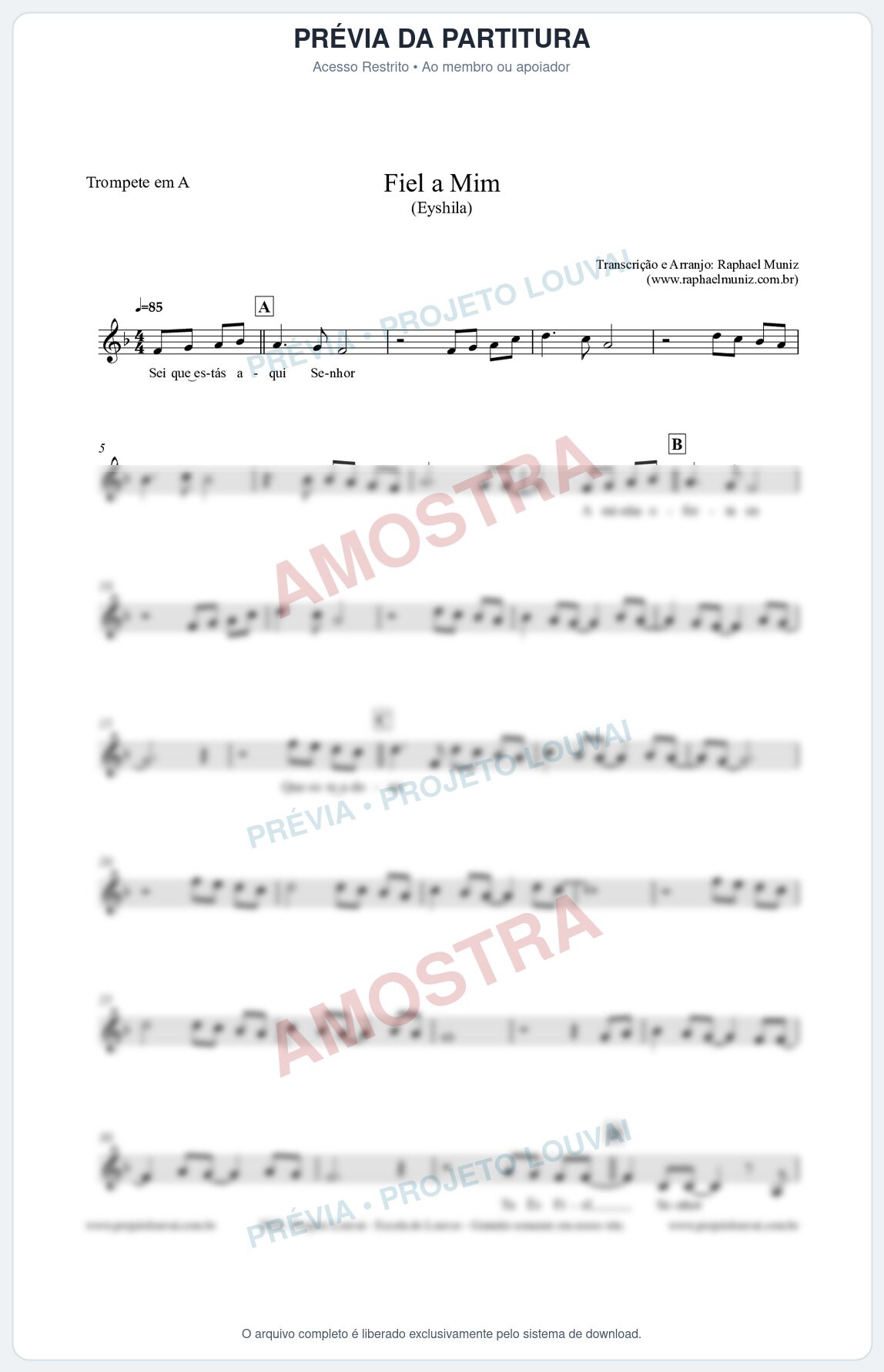 Prévia protegida da primeira página da partitura Partitura para Trompete em A - Fiel a Mim (Tom D) - Eyshila