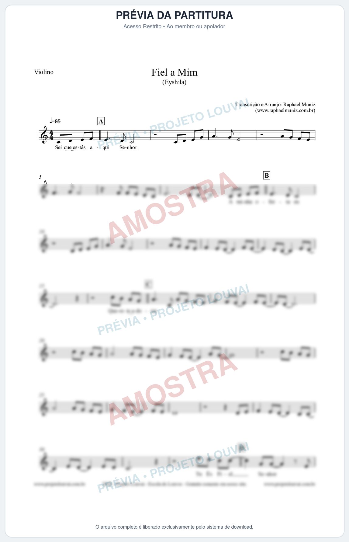 Prévia protegida da primeira página da partitura Partitura para Violino - Fiel a Mim (Tom C) - Eyshila