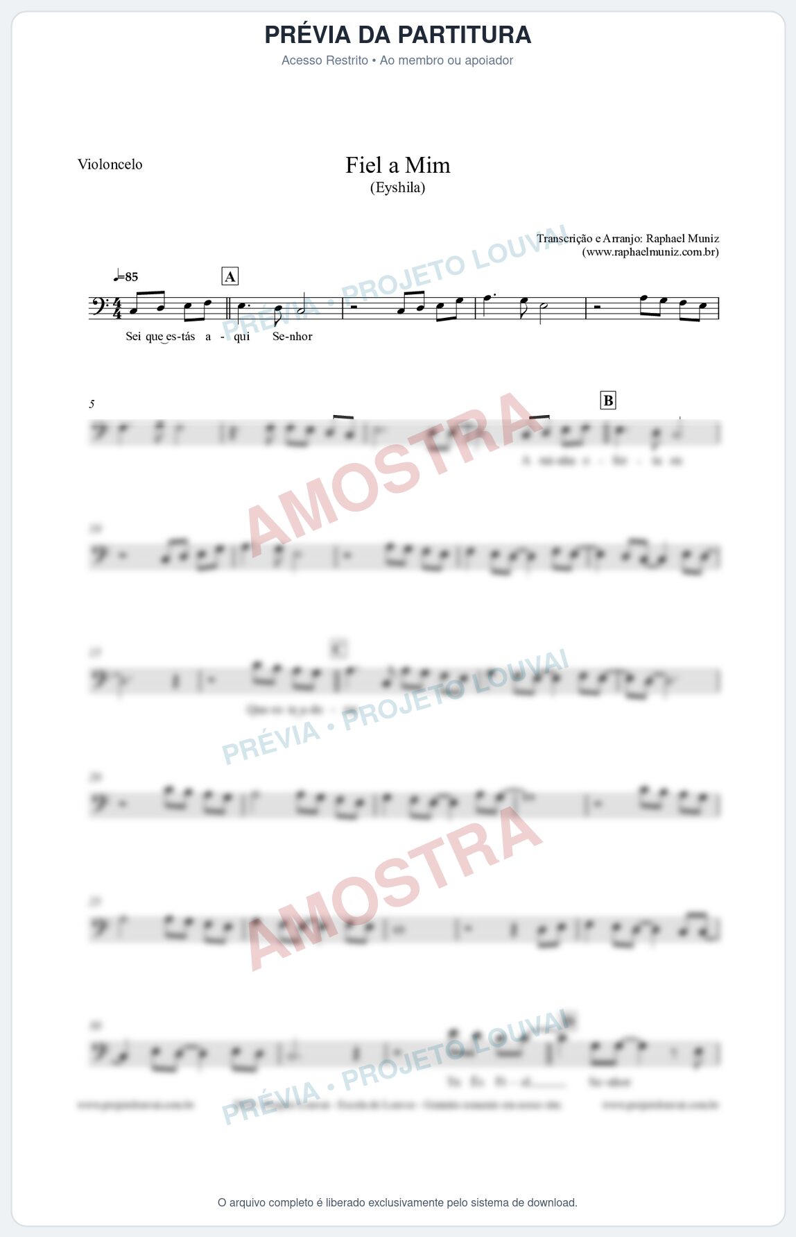 Prévia protegida da primeira página da partitura Partitura para Violoncelo - Fiel a Mim (Tom C) - Eyshila
