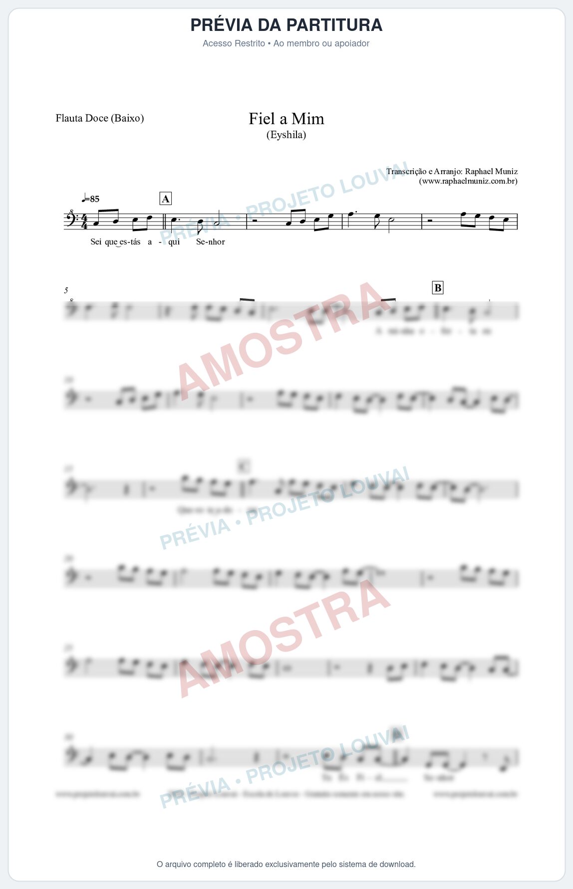 Prévia protegida da primeira página da partitura Partitura para Flauta Doce (Baixo) - Fiel a Mim (Tom C) - Eyshila