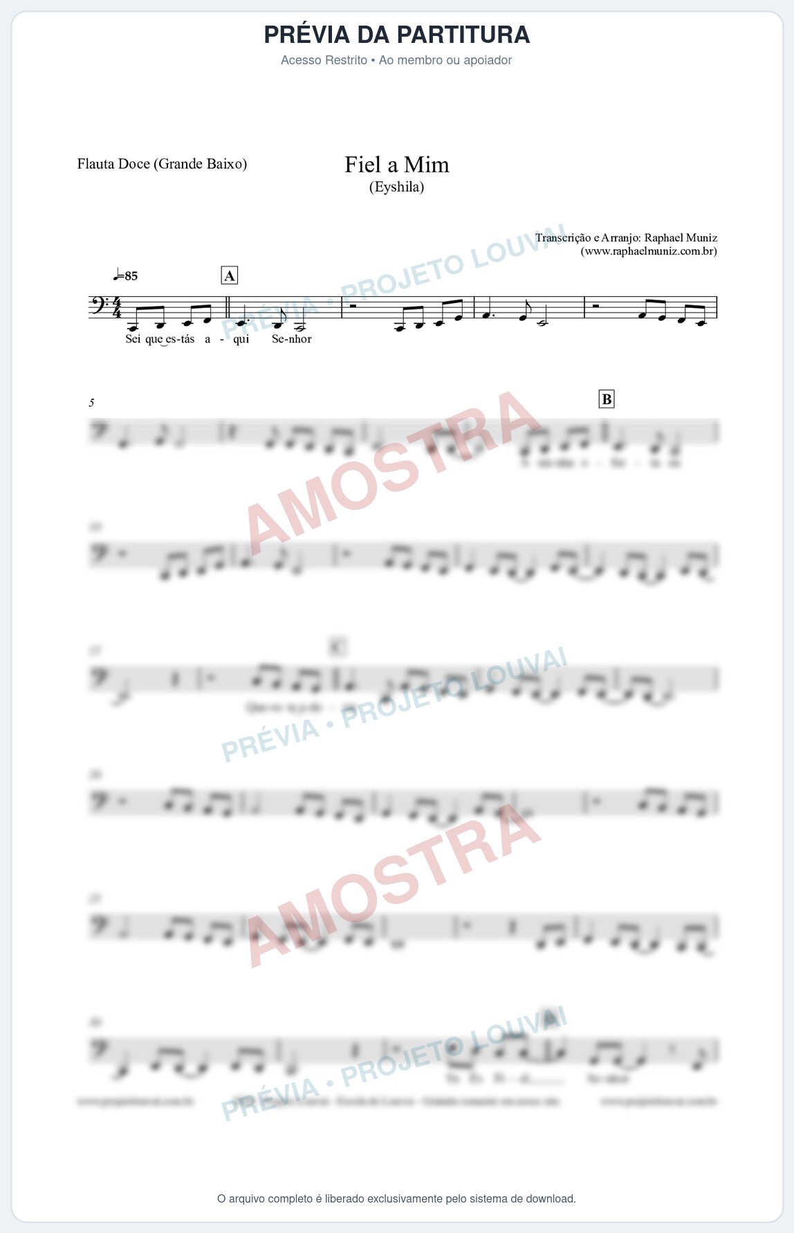 Prévia protegida da primeira página da partitura Partitura para Flauta Doce (Grande Baixo) - Fiel a Mim (Tom C) - Eyshila