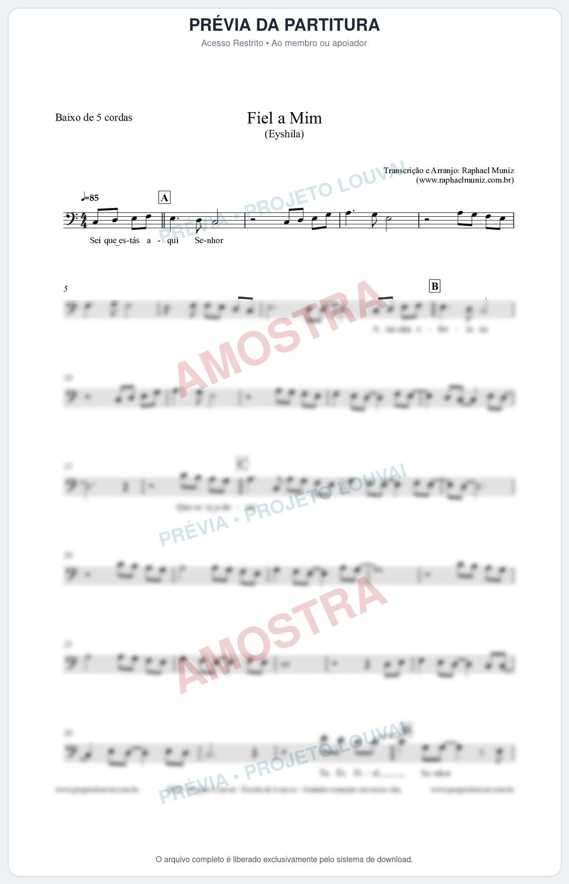 Prévia protegida da primeira página da partitura Partitura para Baixo de 5 cordas - Fiel a Mim (Tom C) - Eyshila