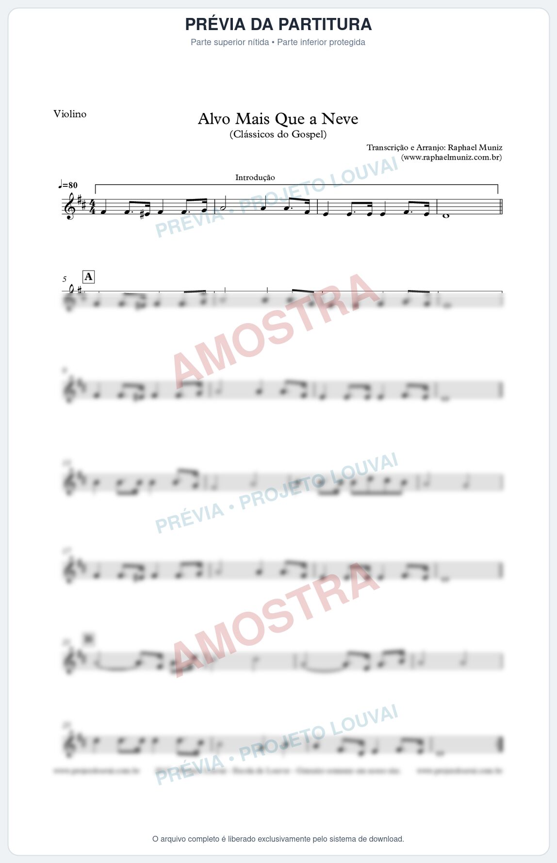 Prévia protegida da primeira página da partitura Partitura para Violino - Alvo Mais que a Neve - Clássicos do Gospel