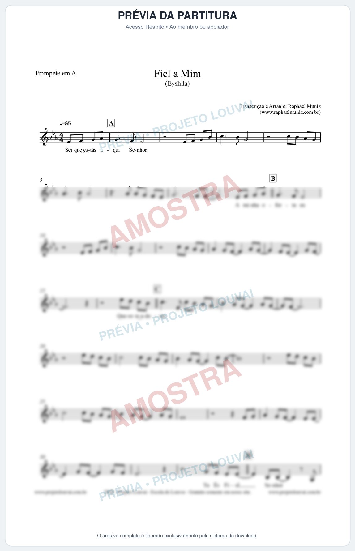 Prévia protegida da primeira página da partitura Partitura para Trompete em A - Fiel a Mim (Tom C) - Eyshila