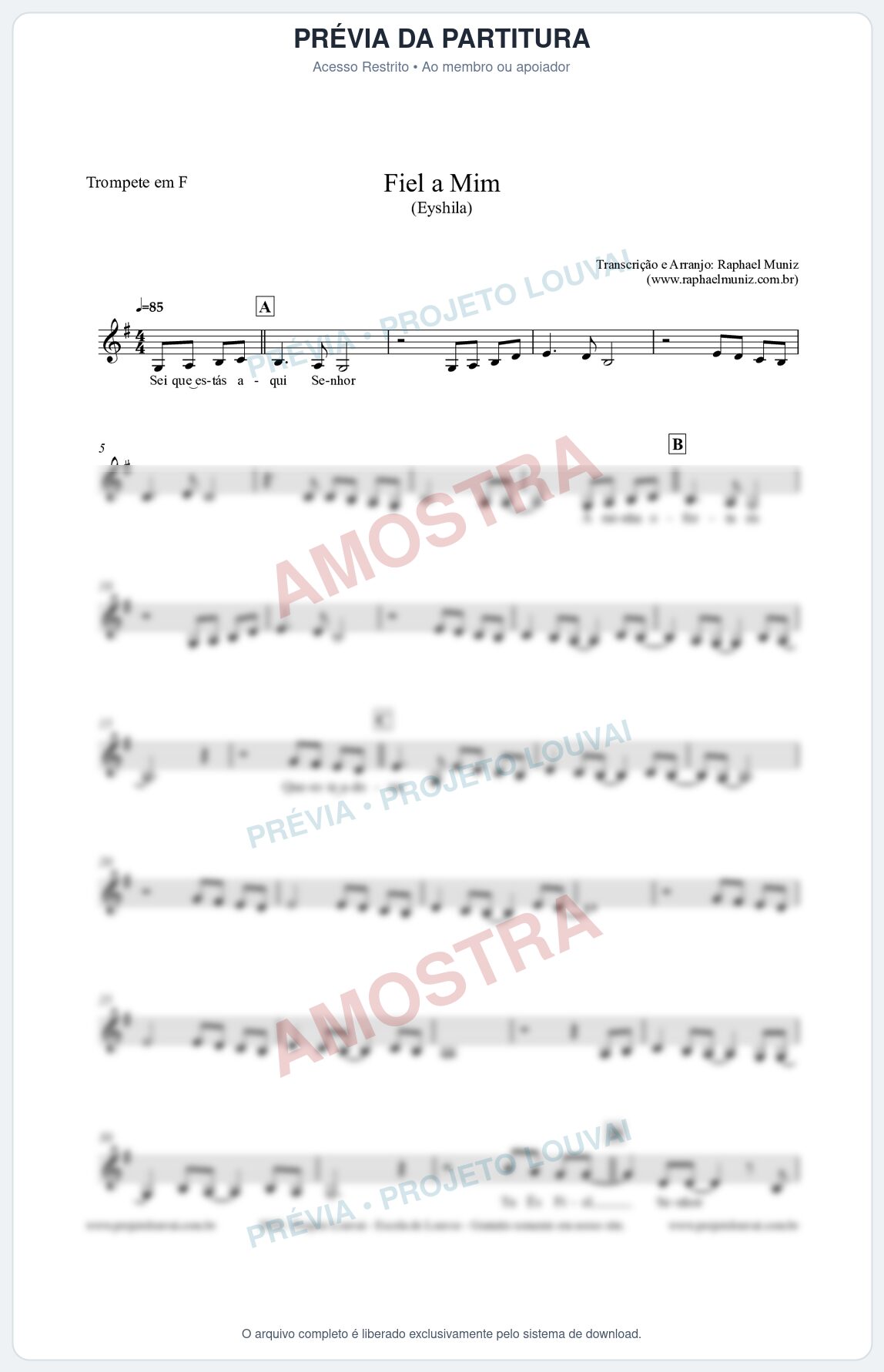 Prévia protegida da primeira página da partitura Partitura para Trompete em F - Fiel a Mim (Tom C) - Eyshila