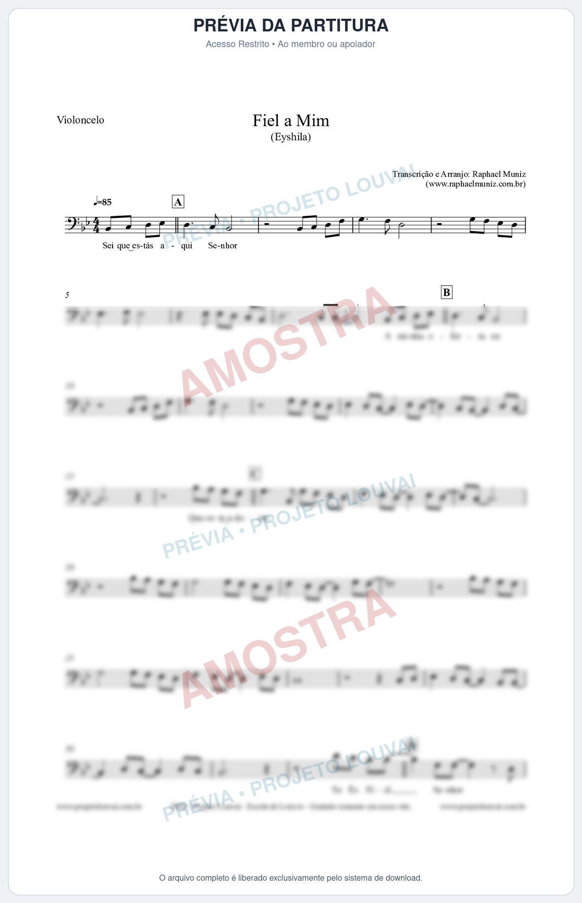 Prévia protegida da primeira página da partitura Partitura para Violoncelo - Fiel a Mim (Tom Bb) - Eyshila