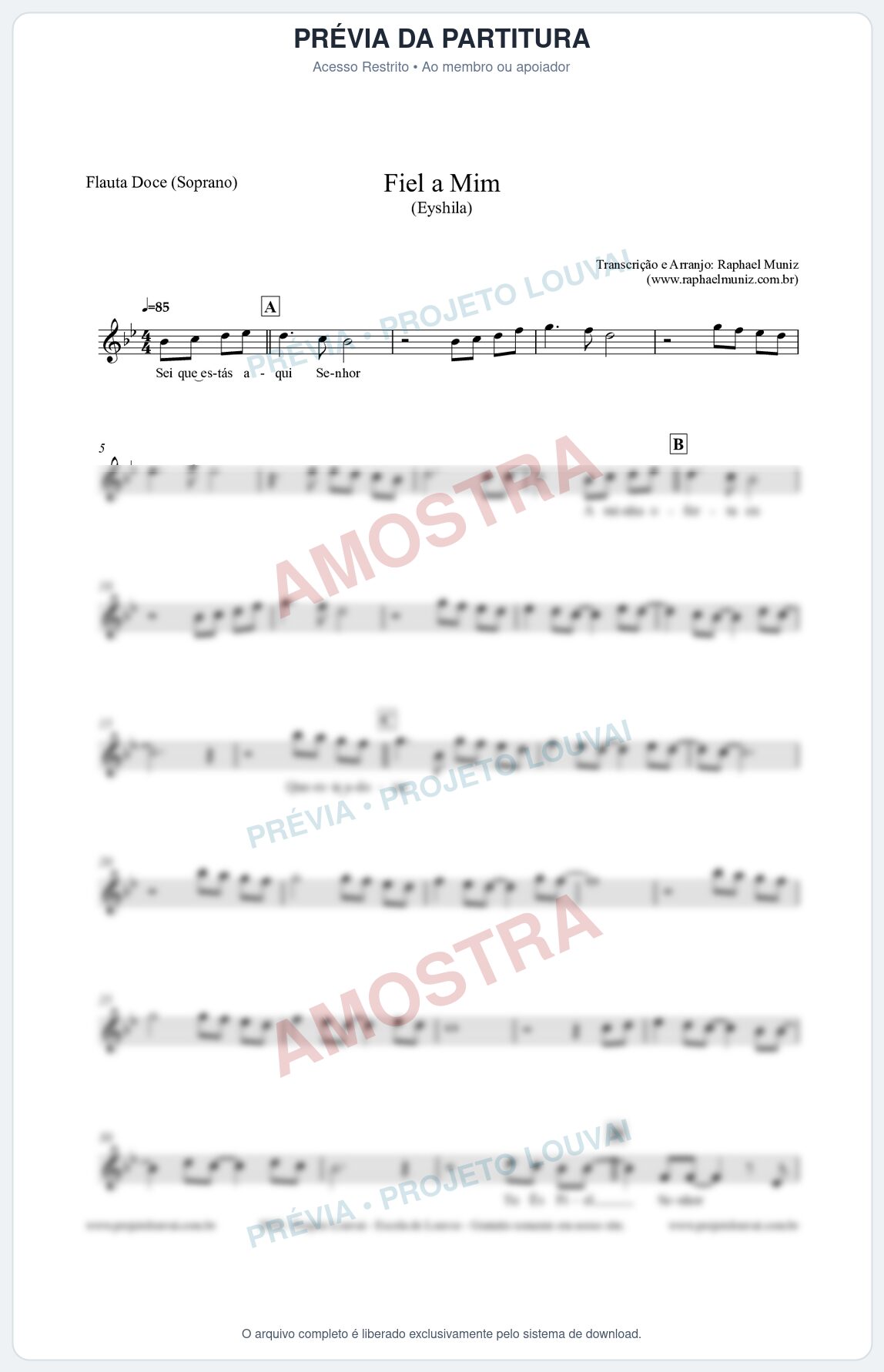 Prévia protegida da primeira página da partitura Partitura para Flauta Doce (Soprano) - Fiel a Mim (Tom Bb) - Eyshila