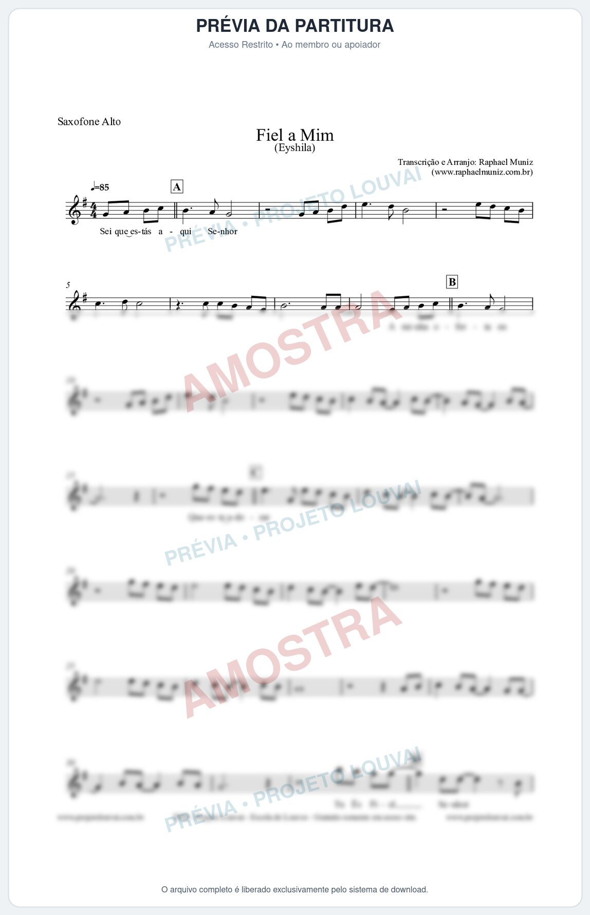 Prévia protegida da primeira página da partitura Partitura para Saxofone Alto - Fiel a Mim (Tom Bb) - Eyshila