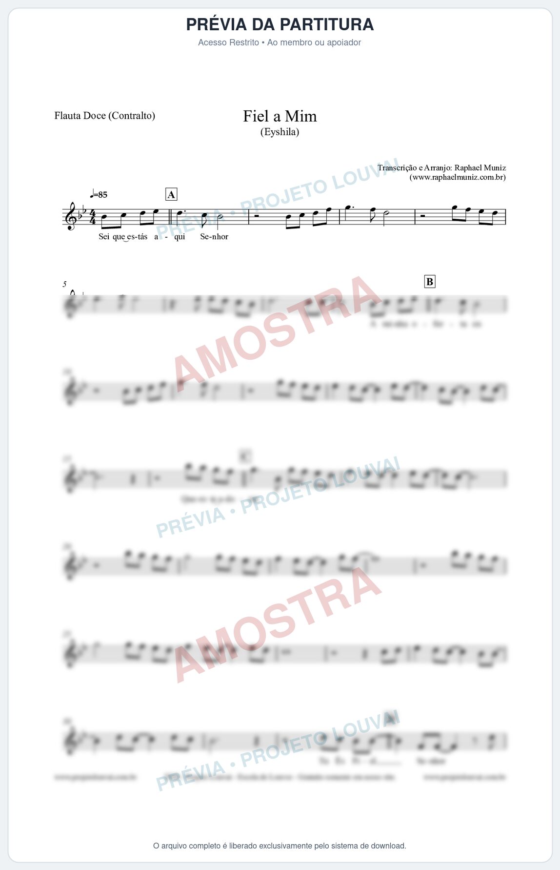 Prévia protegida da primeira página da partitura Partitura para Flauta Doce (Contralto) - Fiel a Mim (Tom Bb) - Eyshila