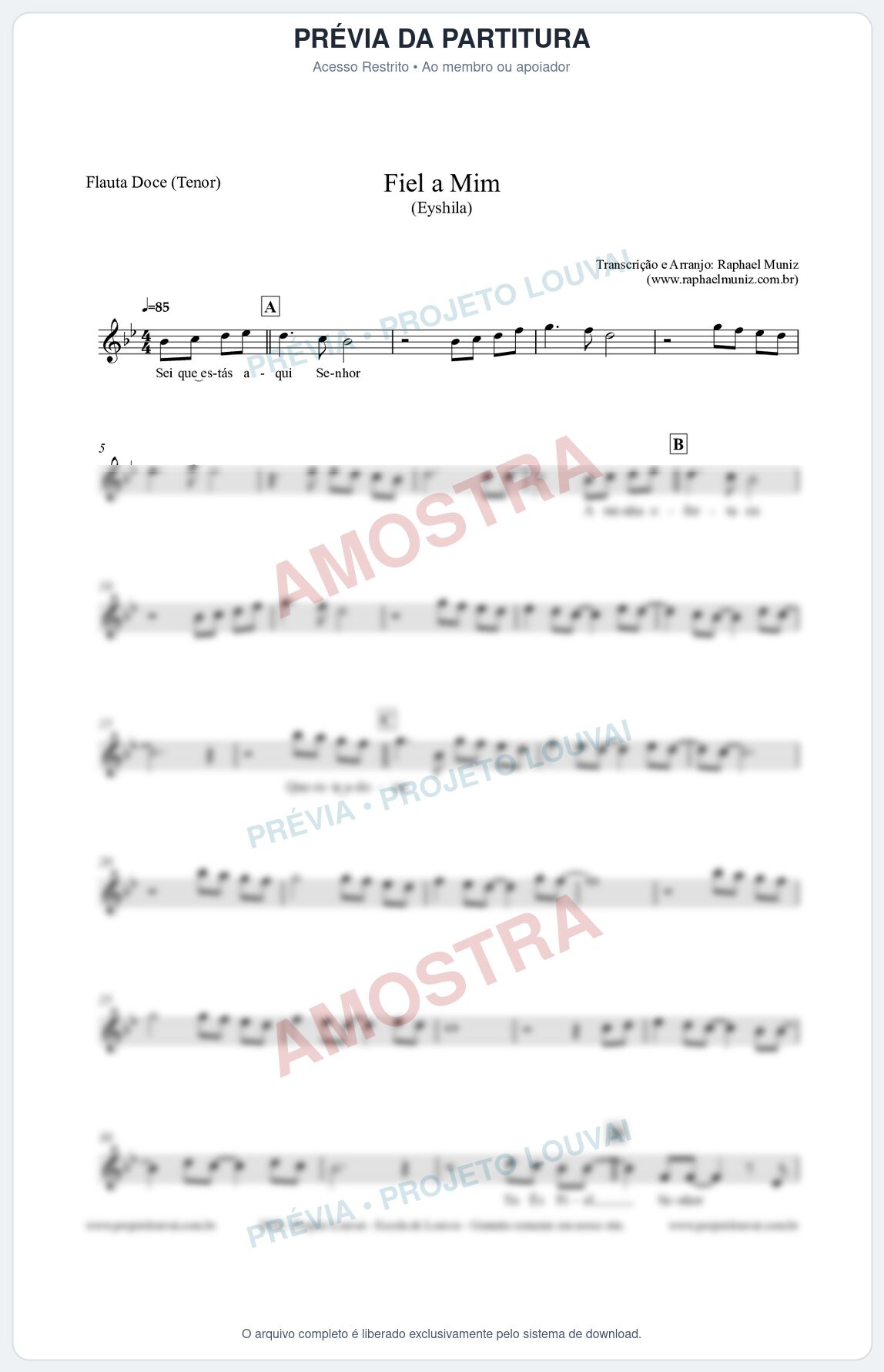 Prévia protegida da primeira página da partitura Partitura para Flauta Doce (Tenor) - Fiel a Mim (Tom Bb) - Eyshila