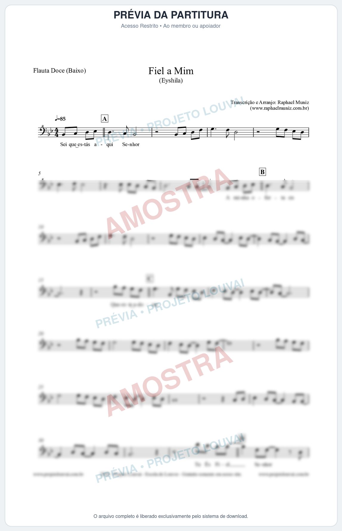 Prévia protegida da primeira página da partitura Partitura para Flauta Doce (Baixo) - Fiel a Mim (Tom Bb) - Eyshila