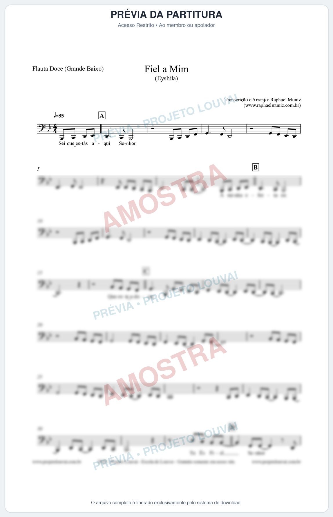 Prévia protegida da primeira página da partitura Partitura para Flauta Doce (Grande Baixo) - Fiel a Mim (Tom Bb) - Eyshila