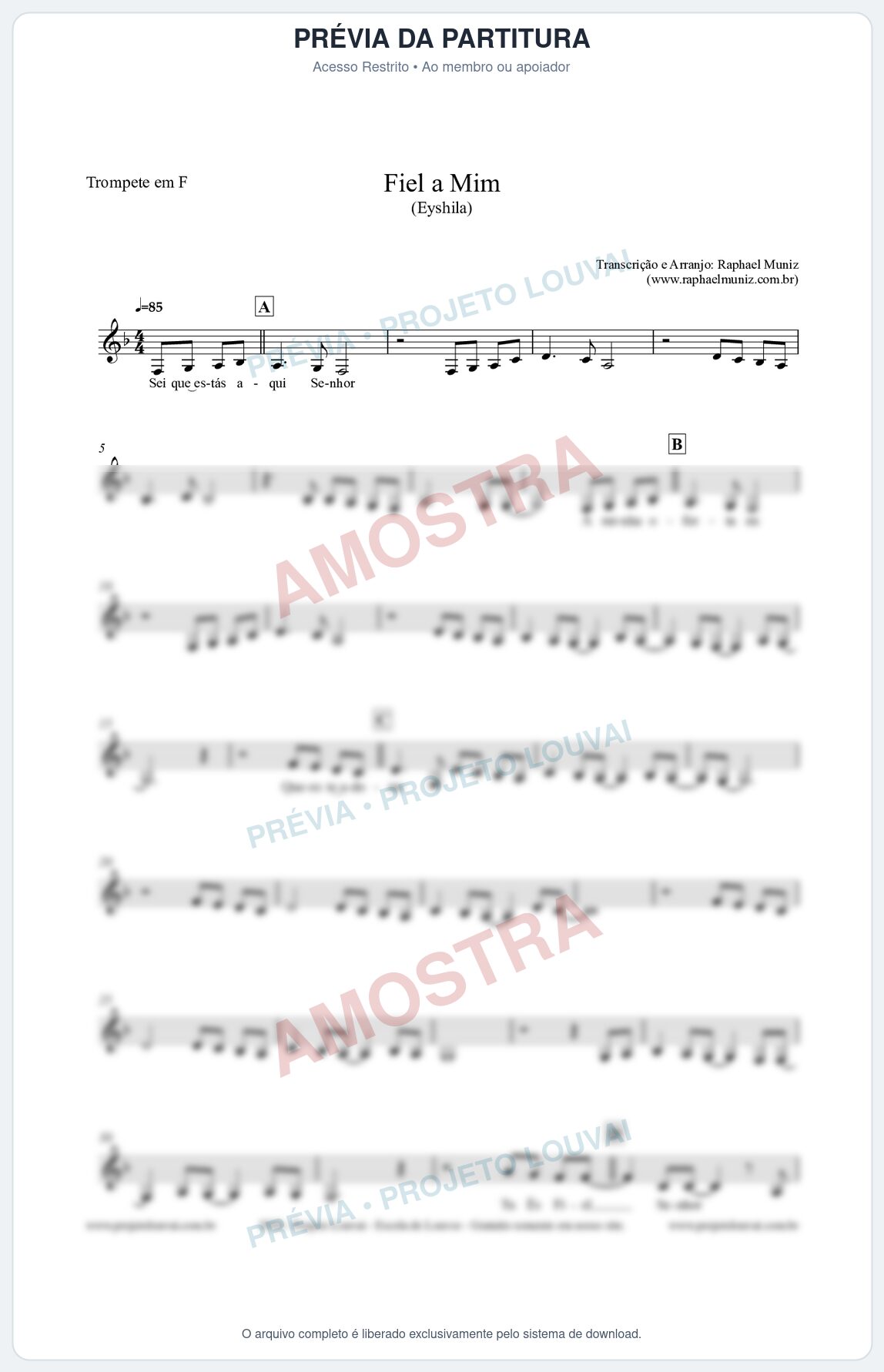 Prévia protegida da primeira página da partitura Partitura para Trompete em F - Fiel a Mim (Tom Bb) - Eyshila