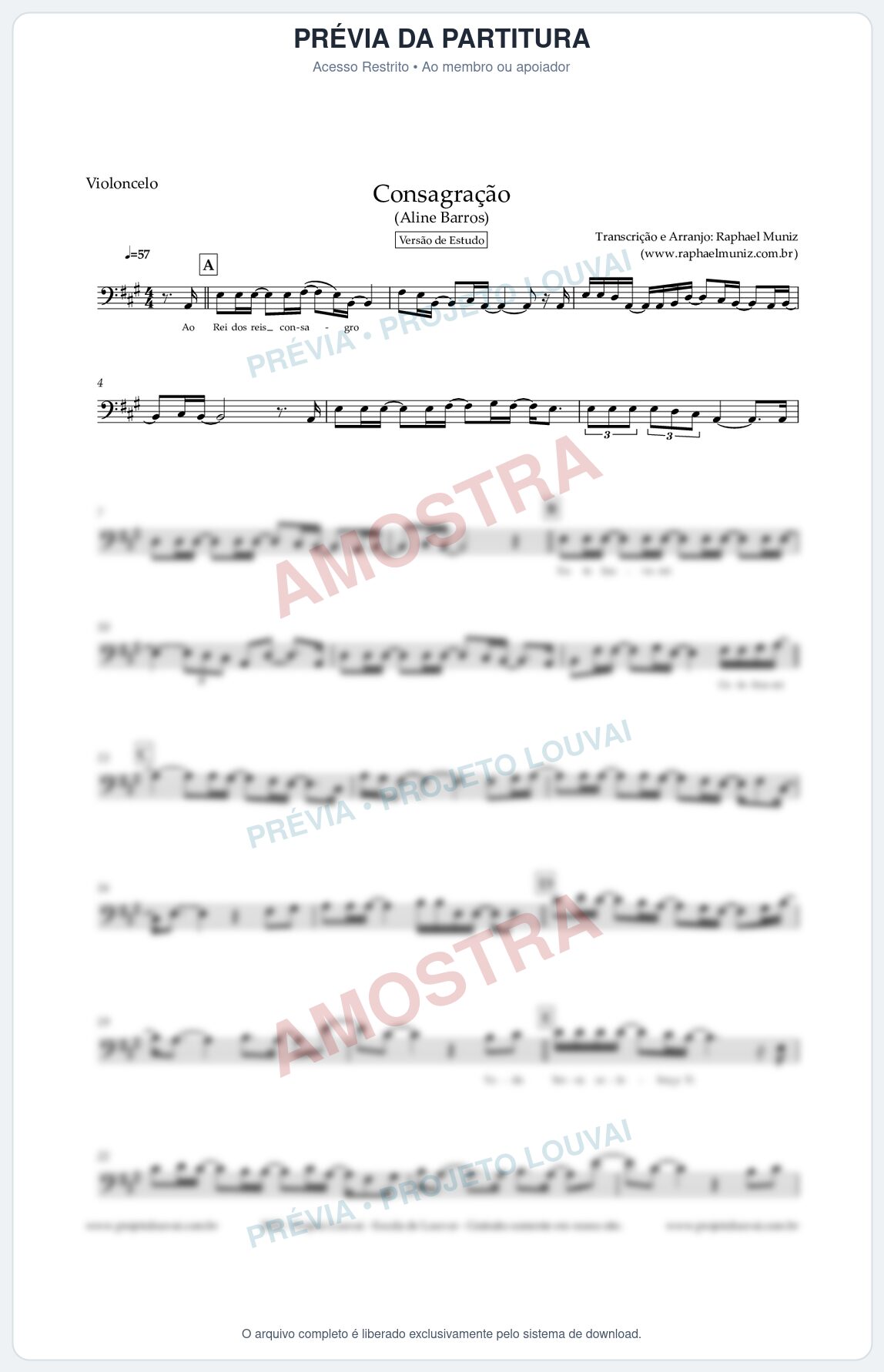 Prévia protegida da primeira página da partitura Partitura para Violoncelo - Consagração (Versão de Estudo) (Tom A) - Aline Barros