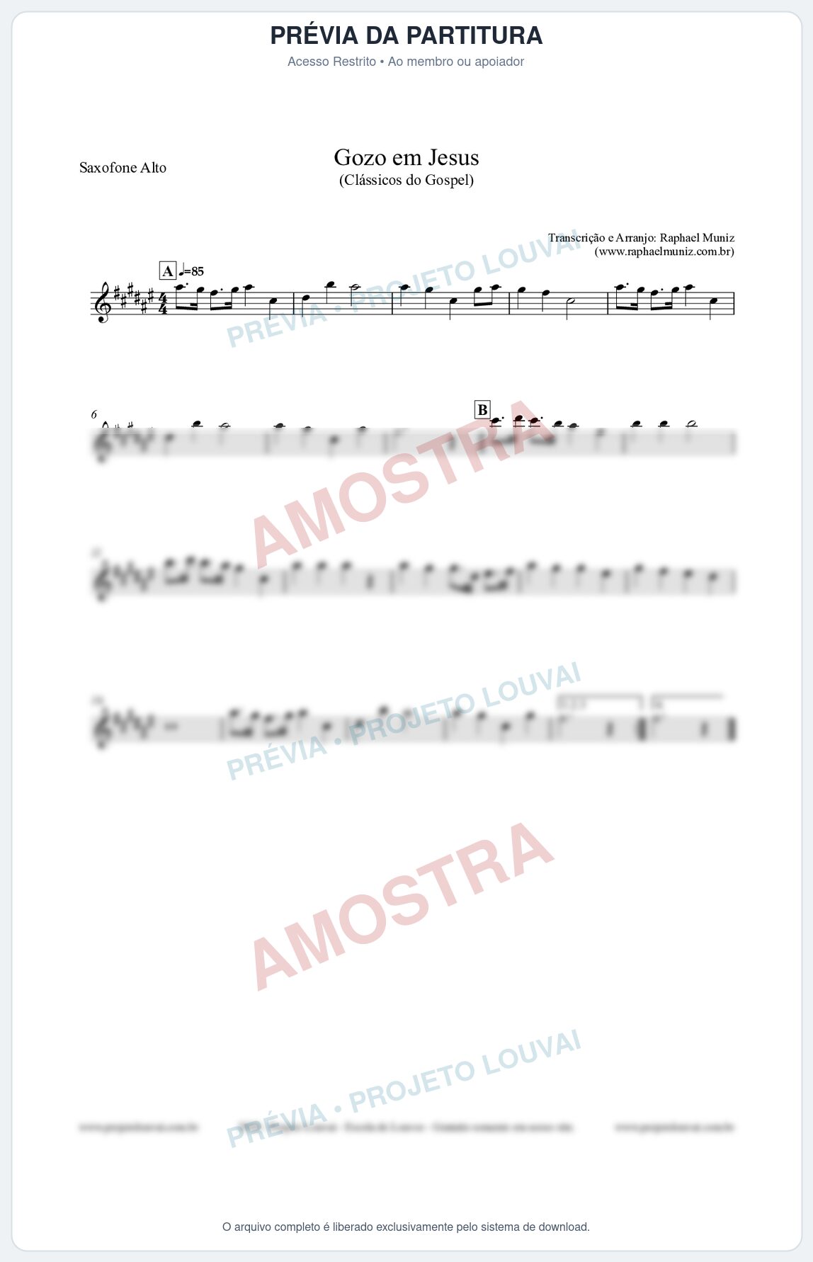 Prévia protegida da primeira página da partitura Partitura para Saxofone Alto - Gozo em Jesus - Harpa Cristã 14 (Tom A) - Clássicos do Gospel