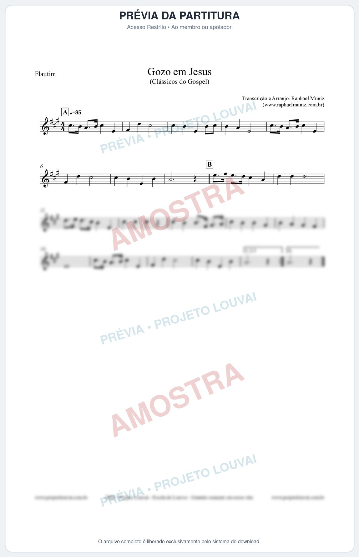 Prévia protegida da primeira página da partitura Partitura para Flautim - Gozo em Jesus - Harpa Cristã 14 (Tom A) - Clássicos do Gospel
