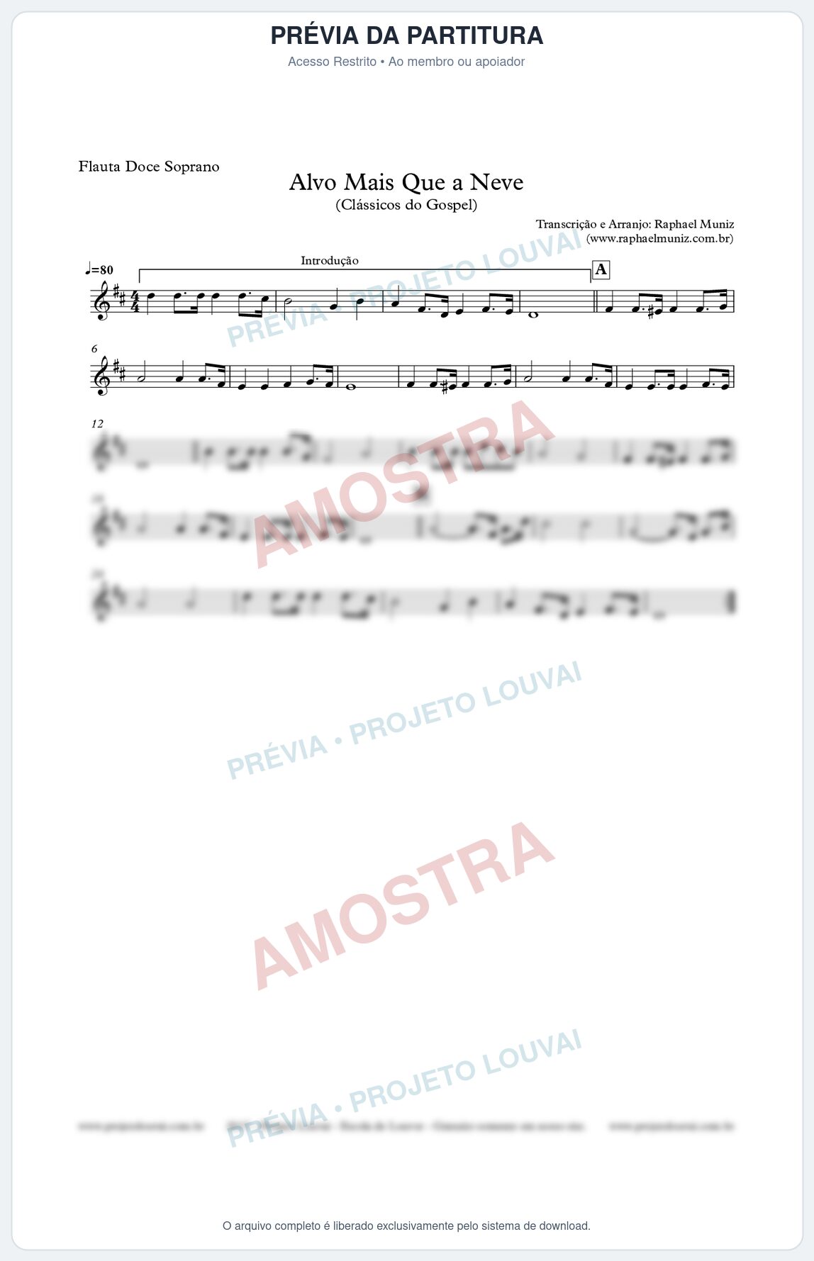 Prévia protegida da primeira página da partitura Partitura para Flauta Doce (Soprano) - Alvo Mais que a Neve - Clássicos do Gospel
