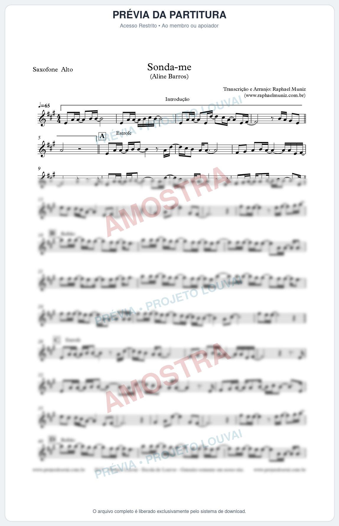 Prévia protegida da primeira página da partitura Partitura para Sax Alto - Sonda-me - Aline Barros