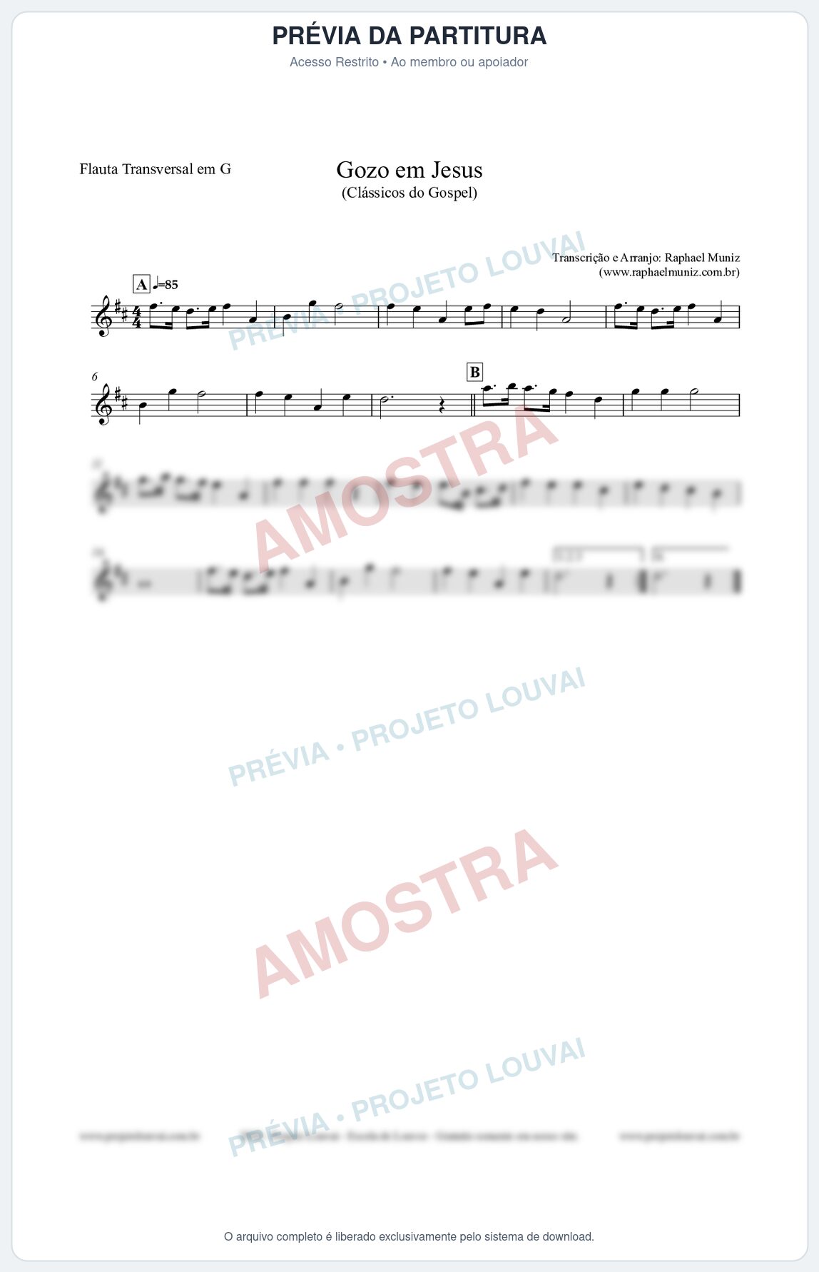 Prévia protegida da primeira página da partitura Partitura para Flauta Transversal em G - Gozo em Jesus - Harpa Cristã 14 (Tom A) - Clássicos do Gospel