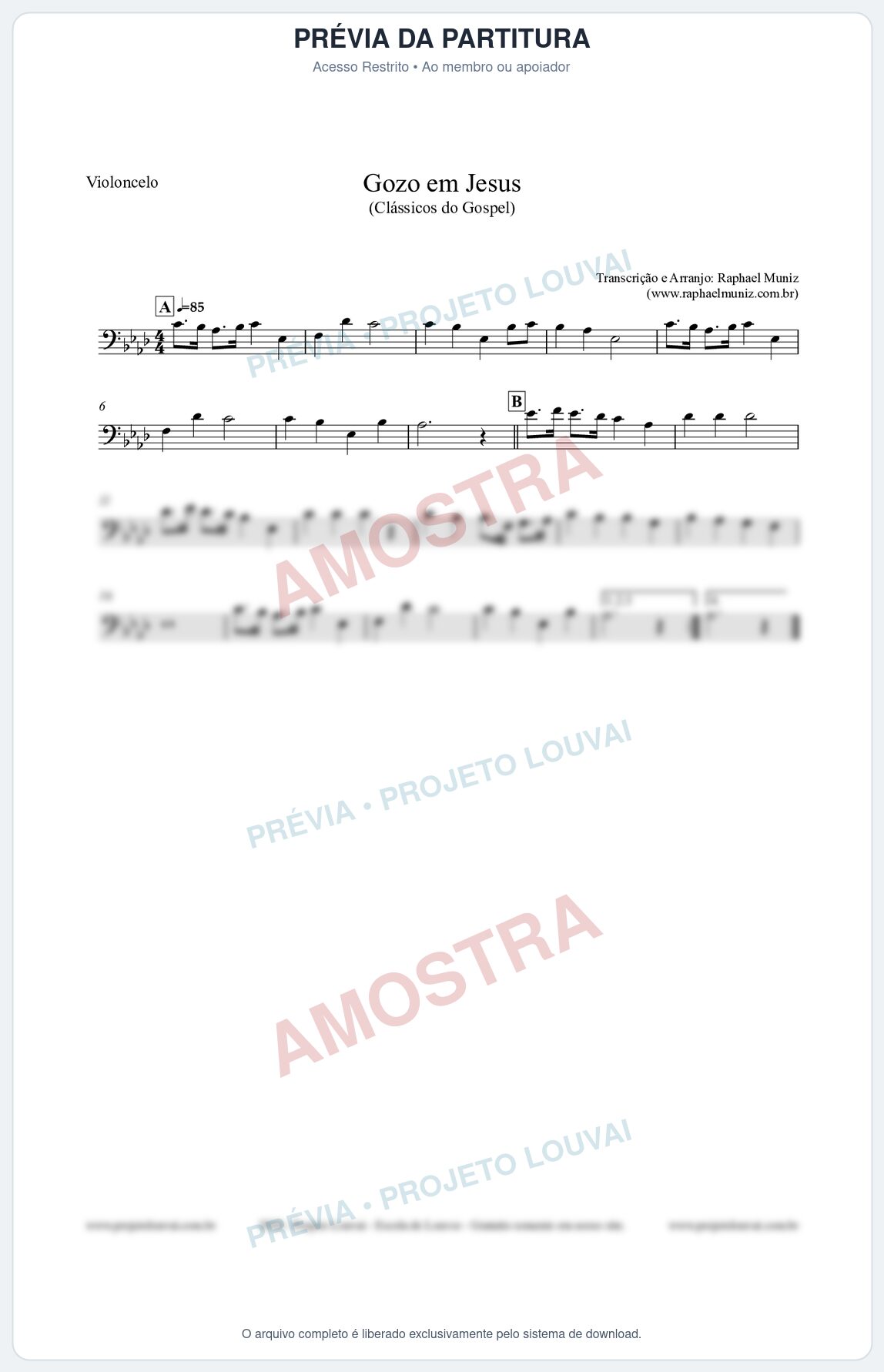 Prévia protegida da primeira página da partitura Partitura para Violoncelo - Gozo em Jesus - Harpa Cristã 14 (Tom Ab) - Clássicos do Gospel