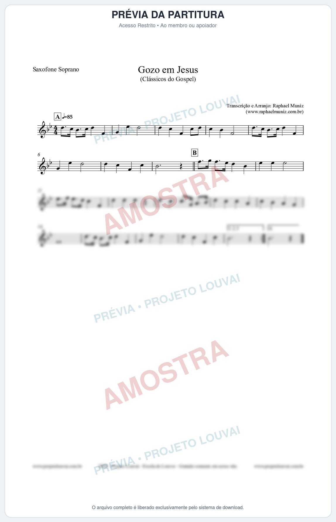 Prévia protegida da primeira página da partitura Partitura para Saxofone Soprano - Gozo em Jesus - Harpa Cristã 14 (Tom Ab) - Clássicos do Gospel