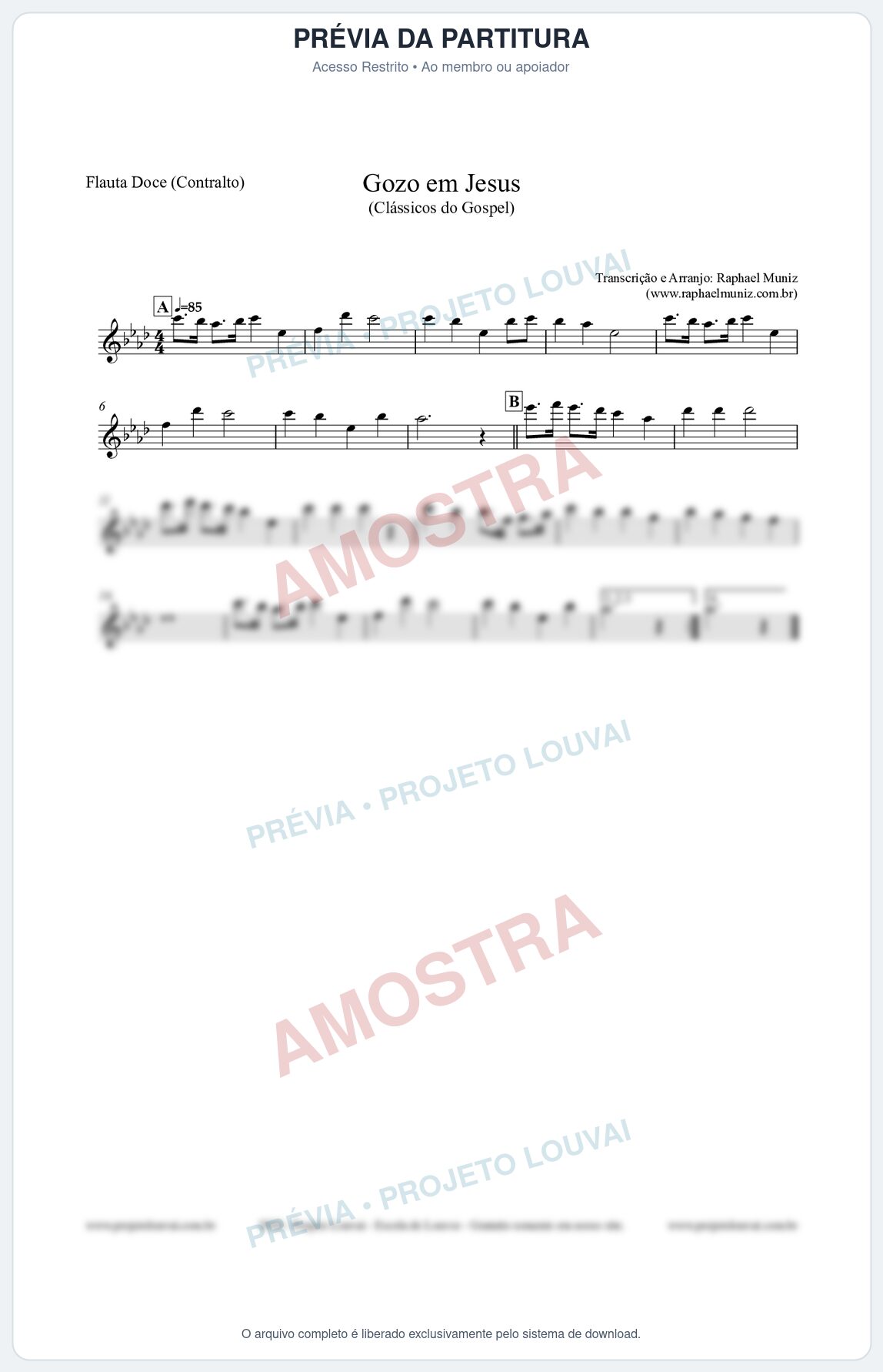Prévia protegida da primeira página da partitura Partitura para Flauta Doce (Contralto) - Gozo em Jesus - Harpa Cristã 14 (Tom Ab) - Clássicos do Gospel