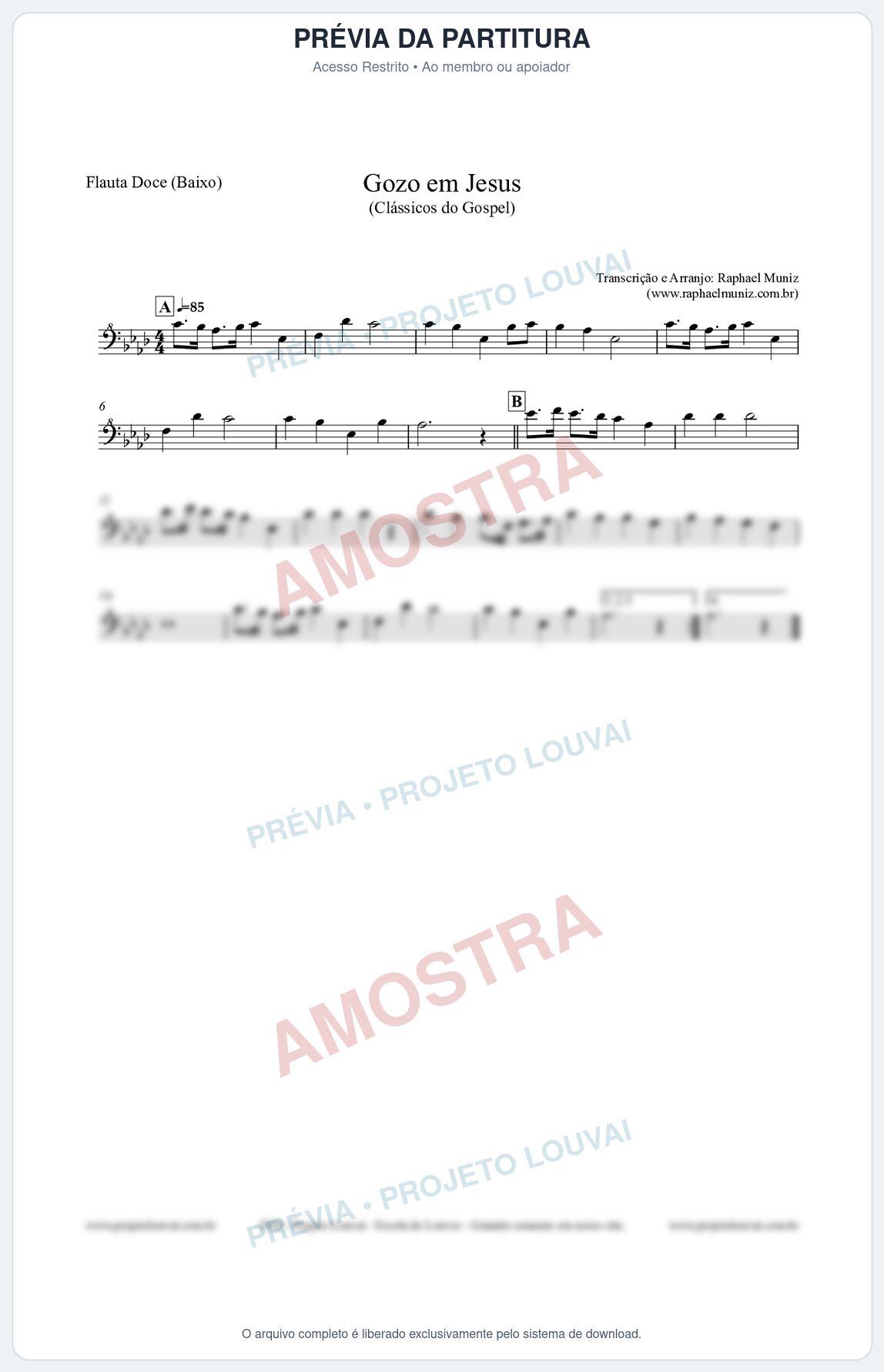 Prévia protegida da primeira página da partitura Partitura para Flauta Doce (Baixo) - Gozo em Jesus - Harpa Cristã 14 (Tom Ab) - Clássicos do Gospel