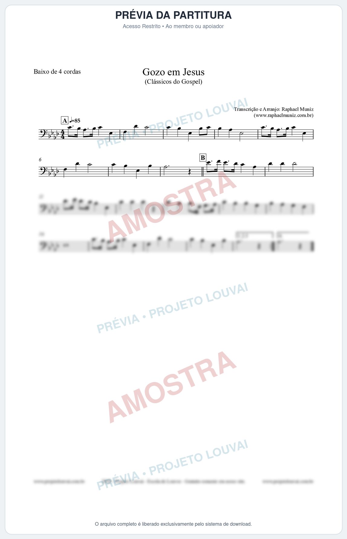 Prévia protegida da primeira página da partitura Partitura para Baixo de 4 cordas - Gozo em Jesus - Harpa Cristã 14 (Tom Ab) - Clássicos do Gospel