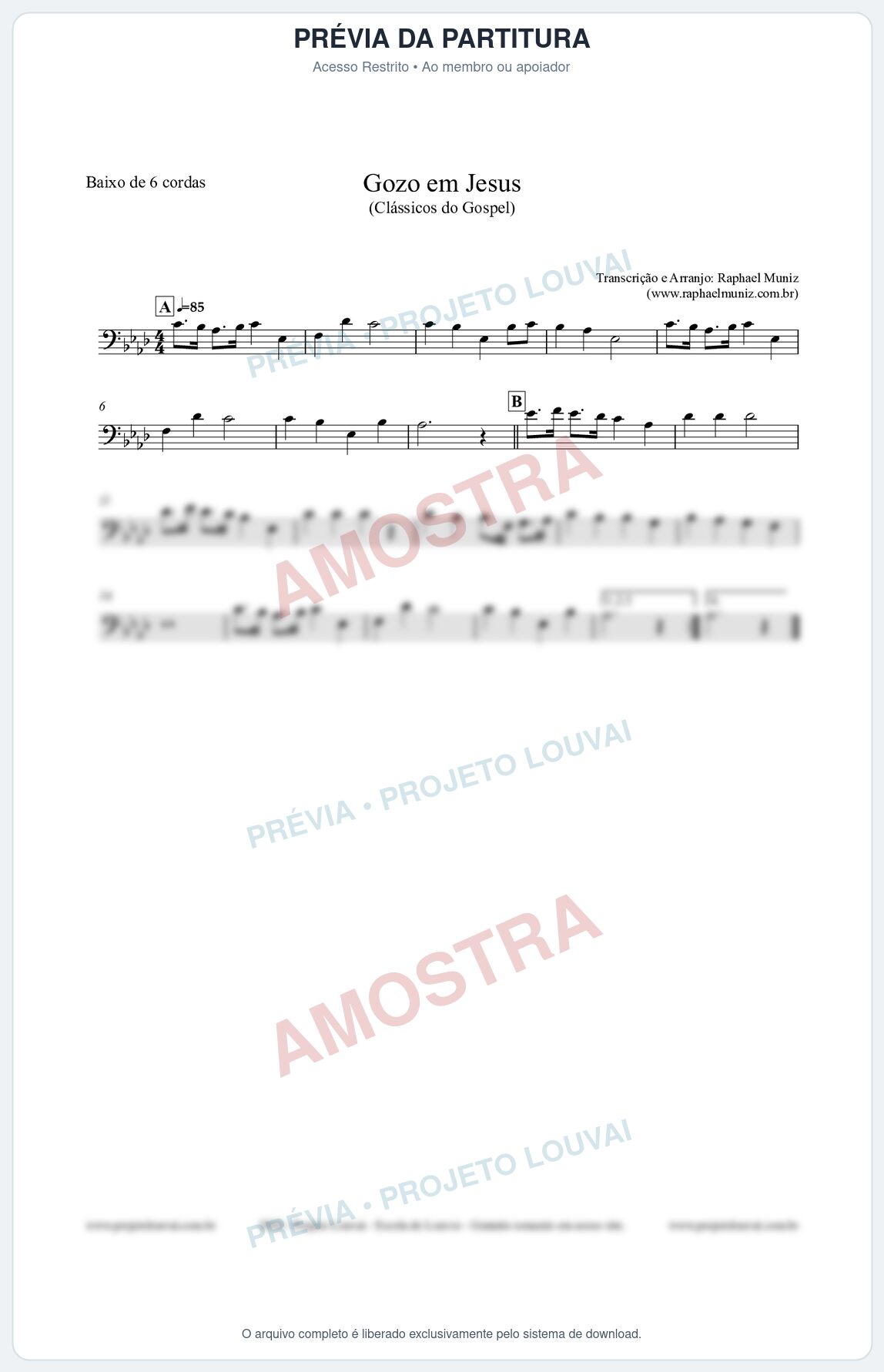 Prévia protegida da primeira página da partitura Partitura para Baixo de 6 cordas - Gozo em Jesus - Harpa Cristã 14 (Tom Ab) - Clássicos do Gospel
