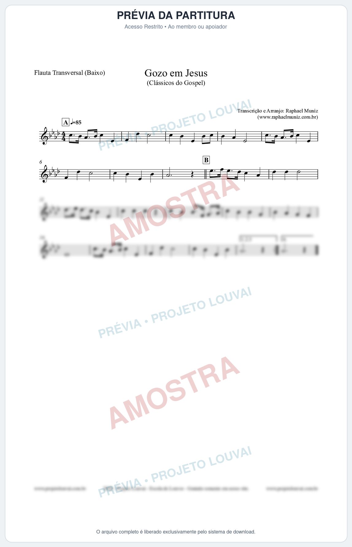 Prévia protegida da primeira página da partitura Partitura para Flauta Transversal (Baixo) - Gozo em Jesus - Harpa Cristã 14 (Tom Ab) - Clássicos do Gospel