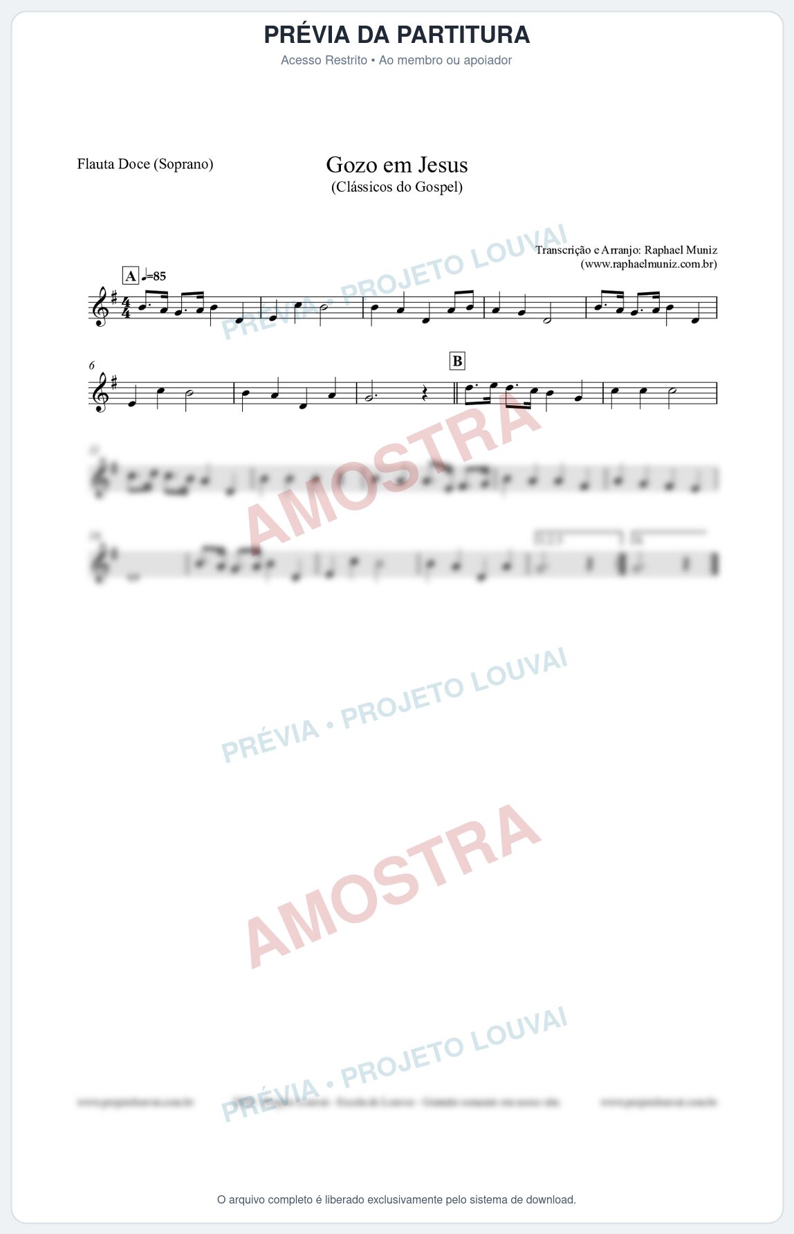 Prévia protegida da primeira página da partitura Partitura para Flauta Doce (Soprano) - Gozo em Jesus - Harpa Cristã 14 (Tom G) - Clássicos do Gospel