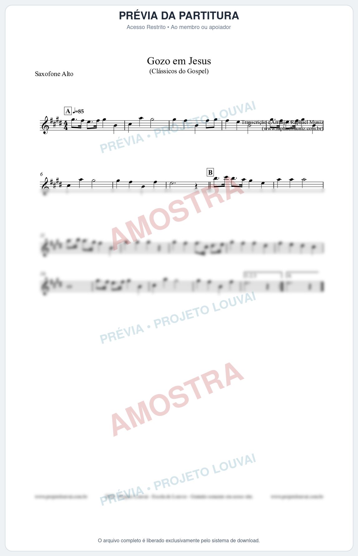 Prévia protegida da primeira página da partitura Partitura para Saxofone Alto - Gozo em Jesus - Harpa Cristã 14 (Tom G) - Clássicos do Gospel