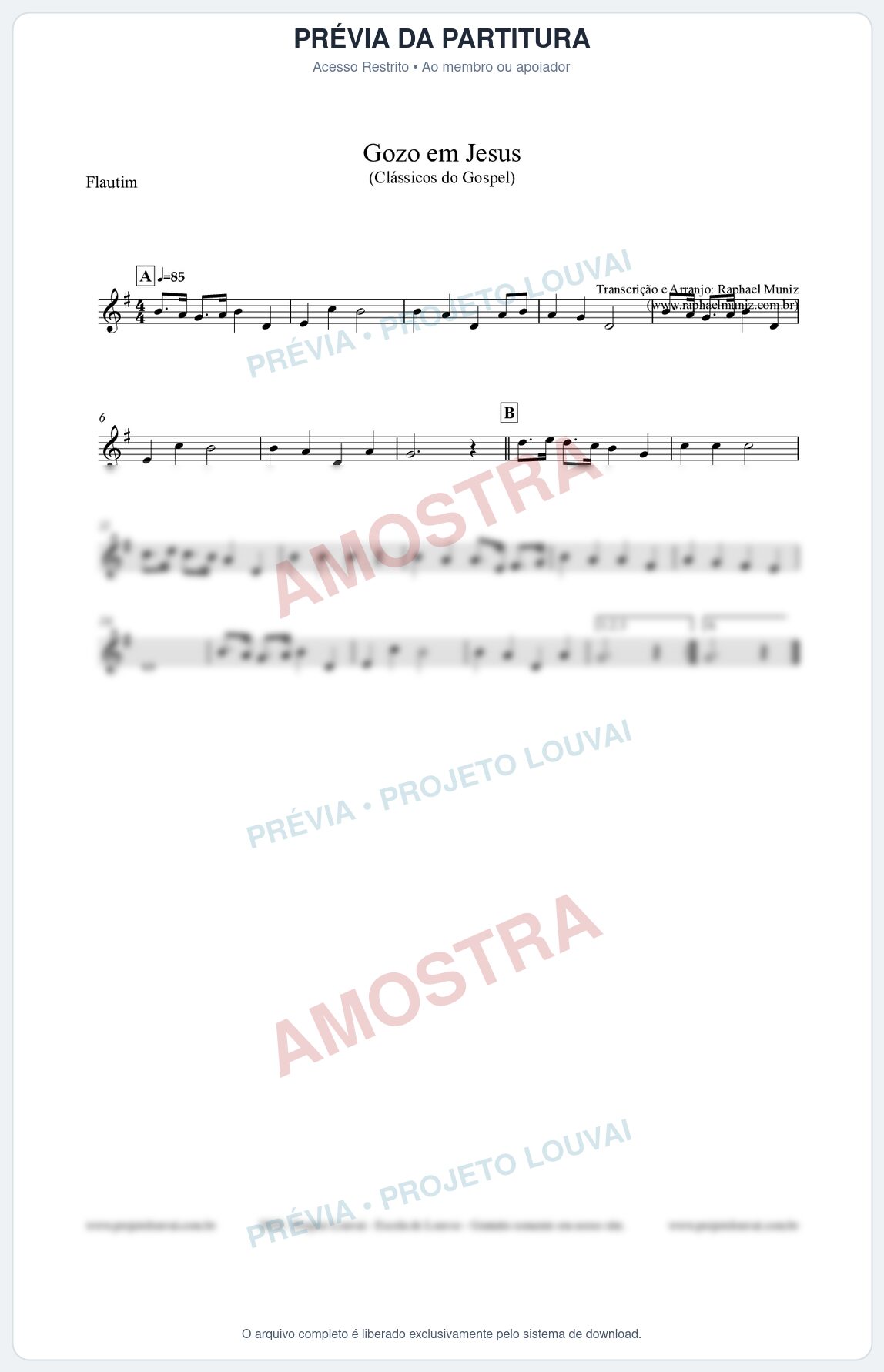 Prévia protegida da primeira página da partitura Partitura para Flautim - Gozo em Jesus - Harpa Cristã 14 (Tom G) - Clássicos do Gospel