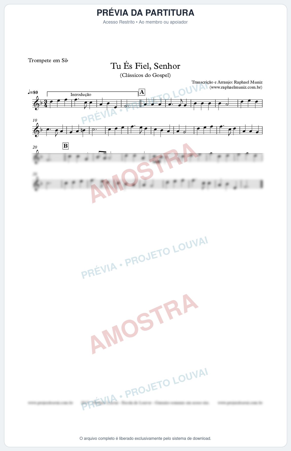 Prévia protegida da primeira página da partitura Partitura para Trompete - Tu És Fiel, Senhor - Clássicos do Gospel
