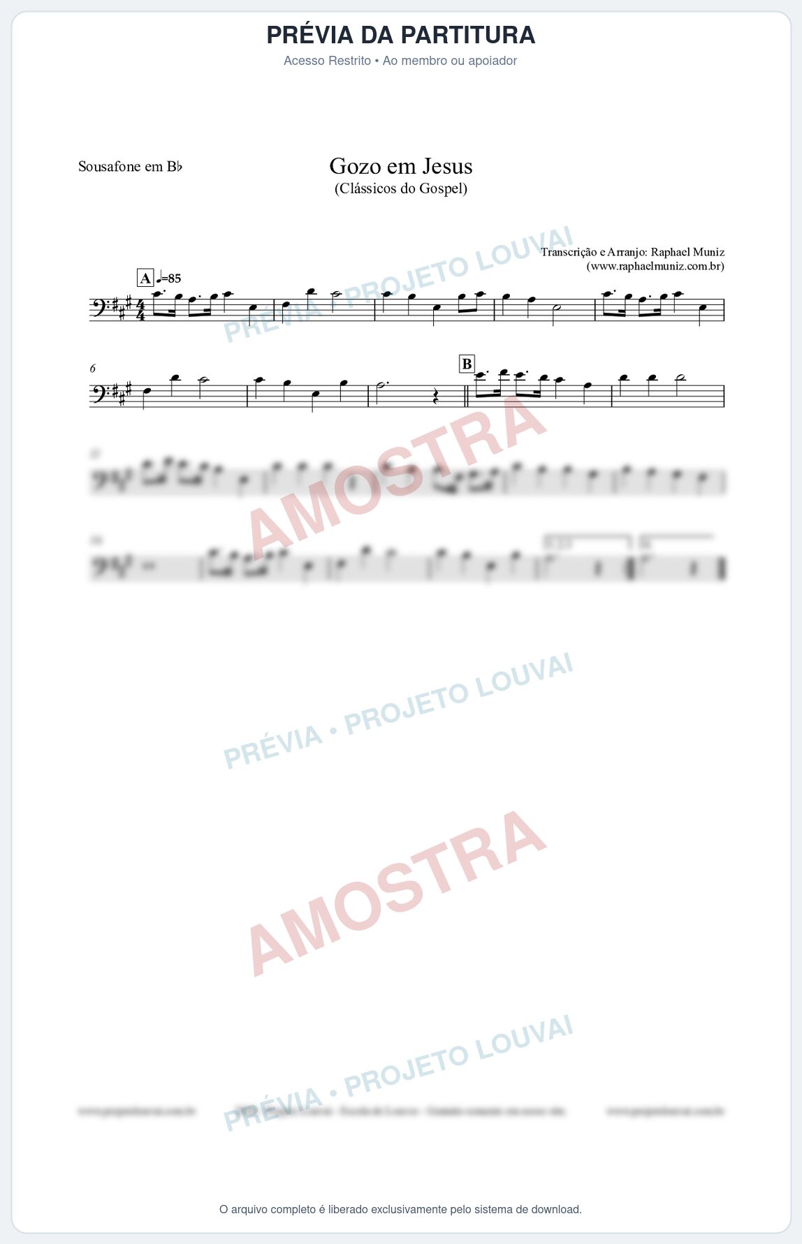 Prévia protegida da primeira página da partitura Partitura para Sousafone em Bb - Gozo em Jesus - Harpa Cristã 14 (Tom G) - Clássicos do Gospel