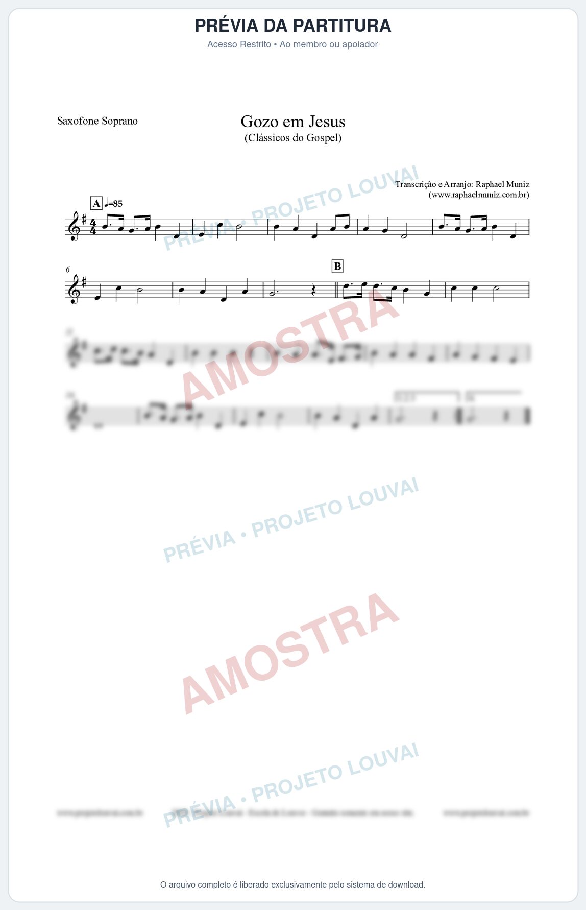 Prévia protegida da primeira página da partitura Partitura para Saxofone Soprano - Gozo em Jesus - Harpa Cristã 14 (Tom F) - Clássicos do Gospel