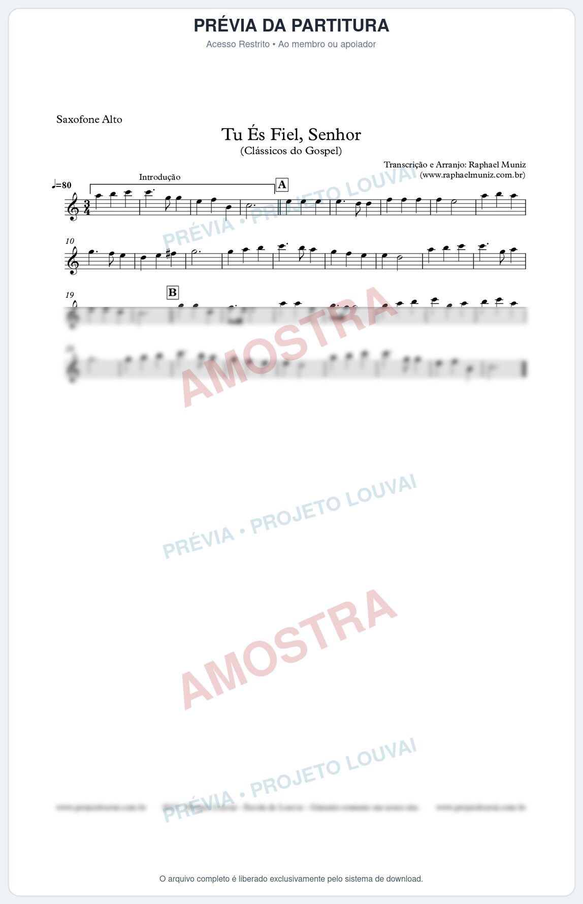 Prévia protegida da primeira página da partitura Partitura para Sax Alto - Tu És Fiel, Senhor - Clássicos do Gospel