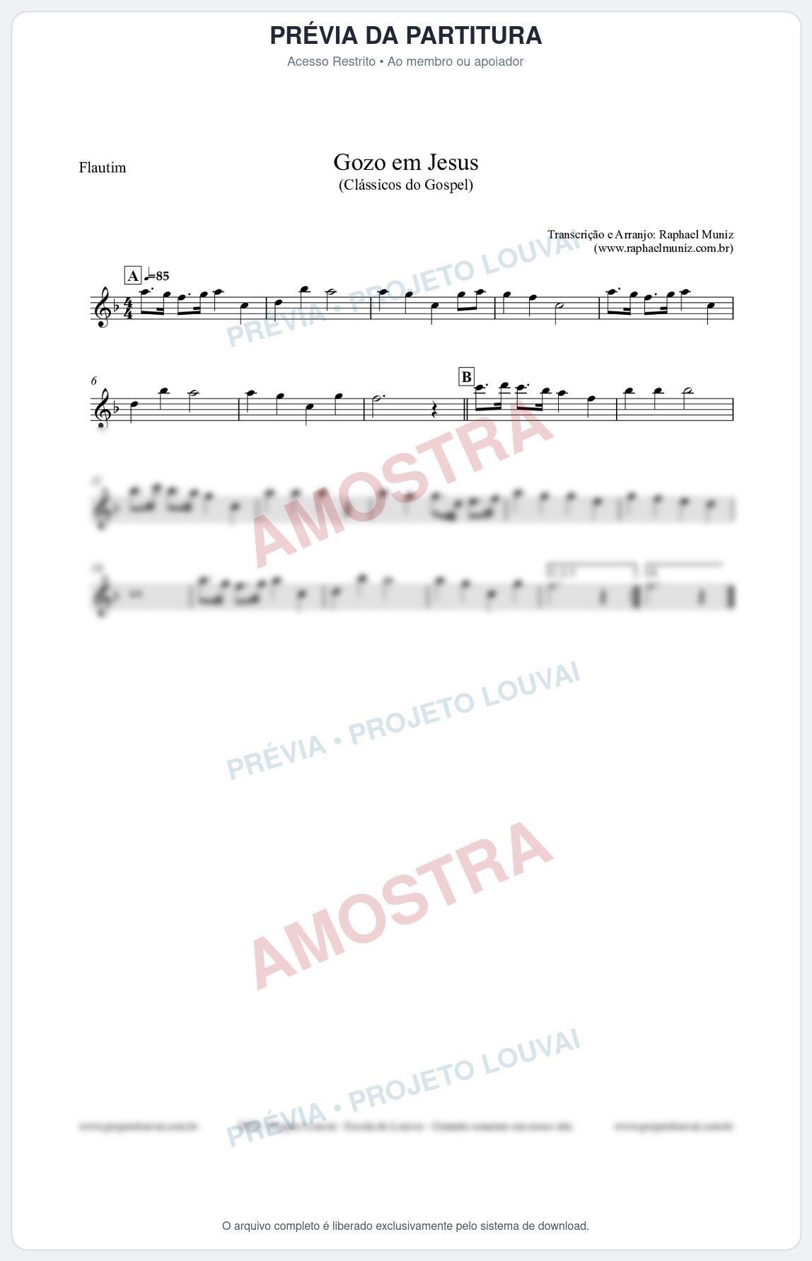 Prévia protegida da primeira página da partitura Partitura para Flautim - Gozo em Jesus - Harpa Cristã 14 (Tom F) - Clássicos do Gospel