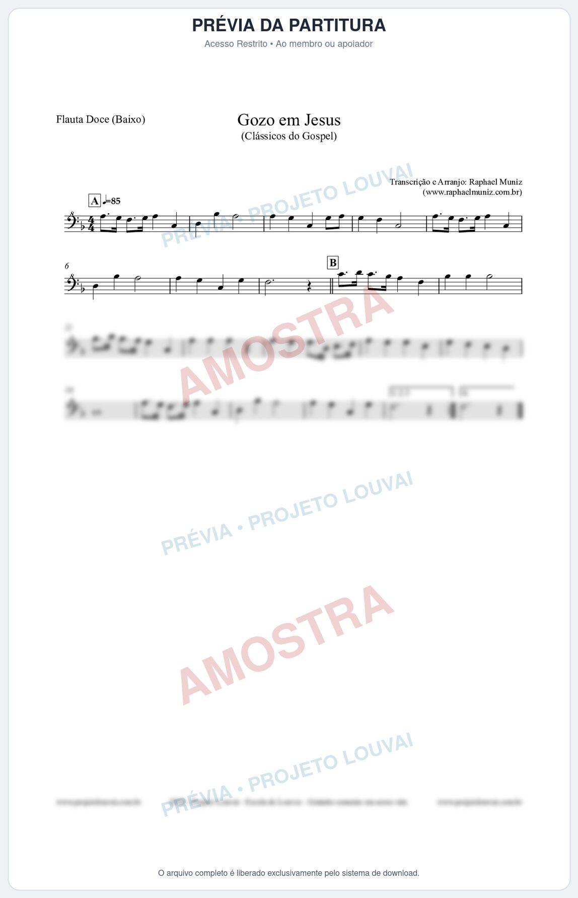 Prévia protegida da primeira página da partitura Partitura para Flauta Doce (Baixo) - Gozo em Jesus - Harpa Cristã 14 (Tom F) - Clássicos do Gospel