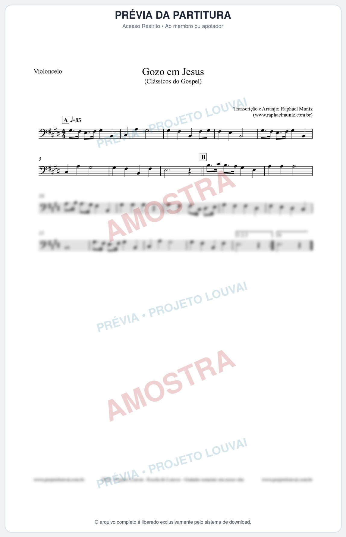 Prévia protegida da primeira página da partitura Partitura para Violoncelo - Gozo em Jesus - Harpa Cristã 14 (Tom E) - Clássicos do Gospel
