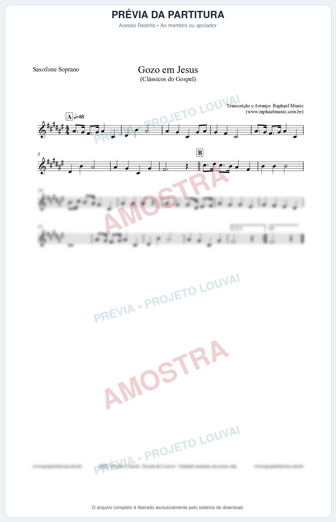 Prévia protegida da primeira página da partitura Partitura para Saxofone Soprano - Gozo em Jesus - Harpa Cristã 14 (Tom E) - Clássicos do Gospel