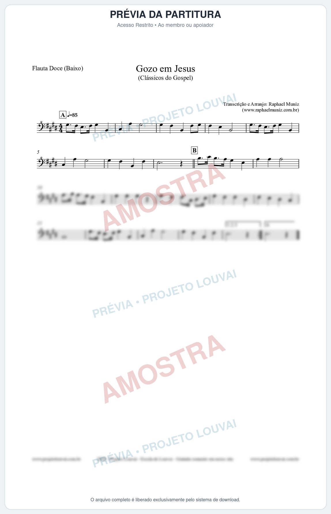 Prévia protegida da primeira página da partitura Partitura para Flauta Doce (Baixo) - Gozo em Jesus - Harpa Cristã 14 (Tom E) - Clássicos do Gospel